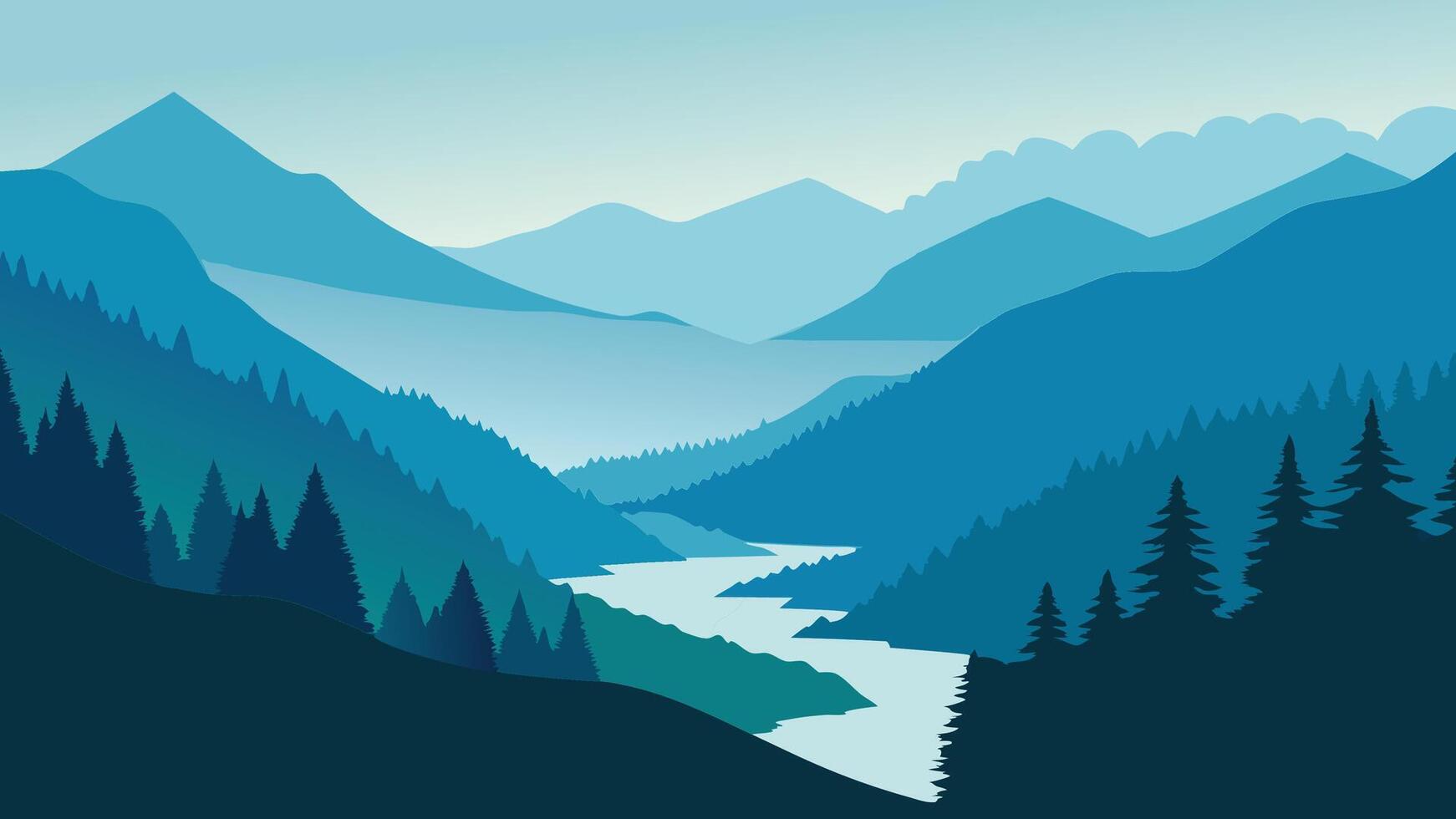 Foggy valley surrounded by lush trees and rolling hills, creating a tranquil and picturesque landscape flat illustration vector
