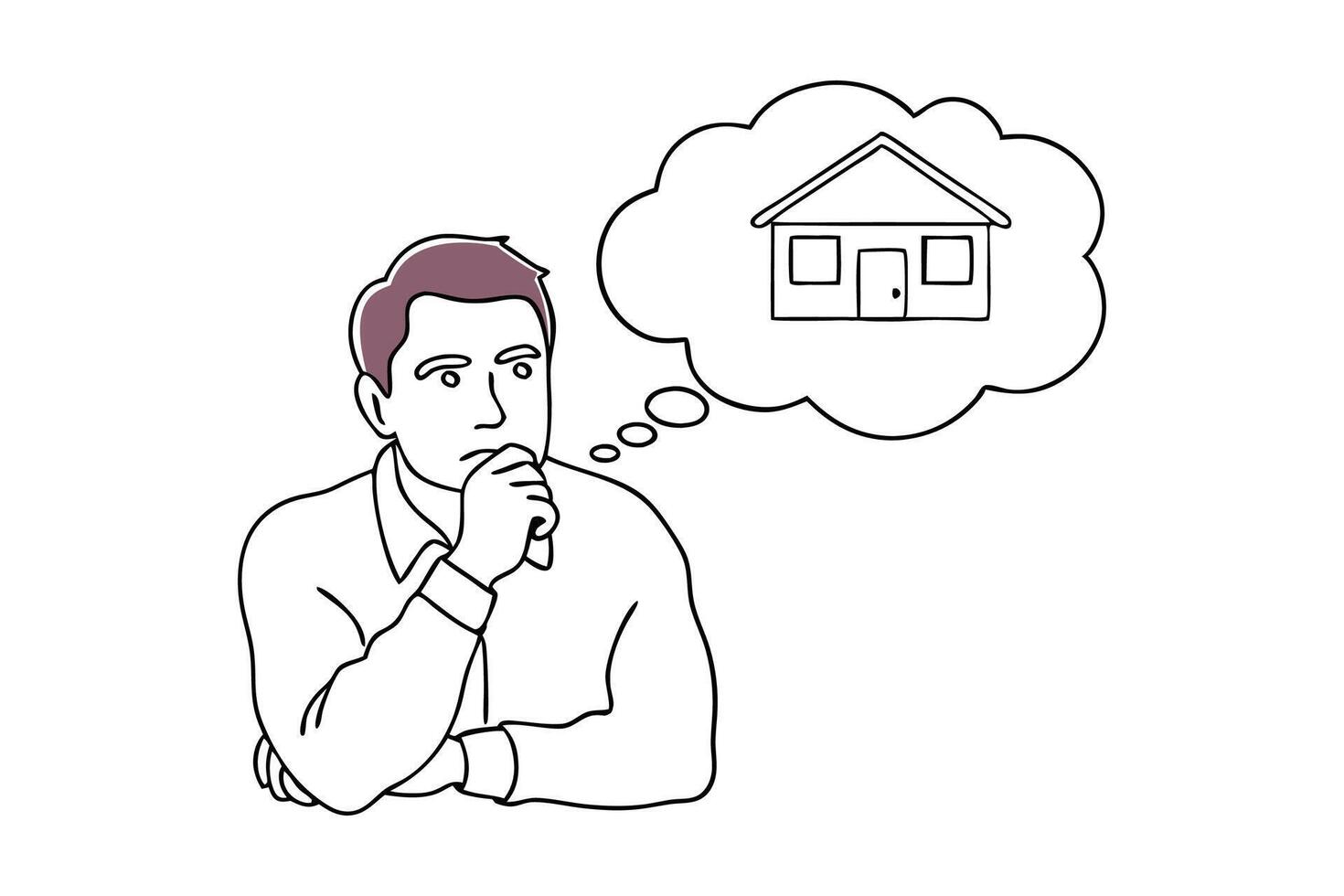 Thoughtful man reflects on the prospect of buying a house continuous black line art isolated flat illustration on white background vector