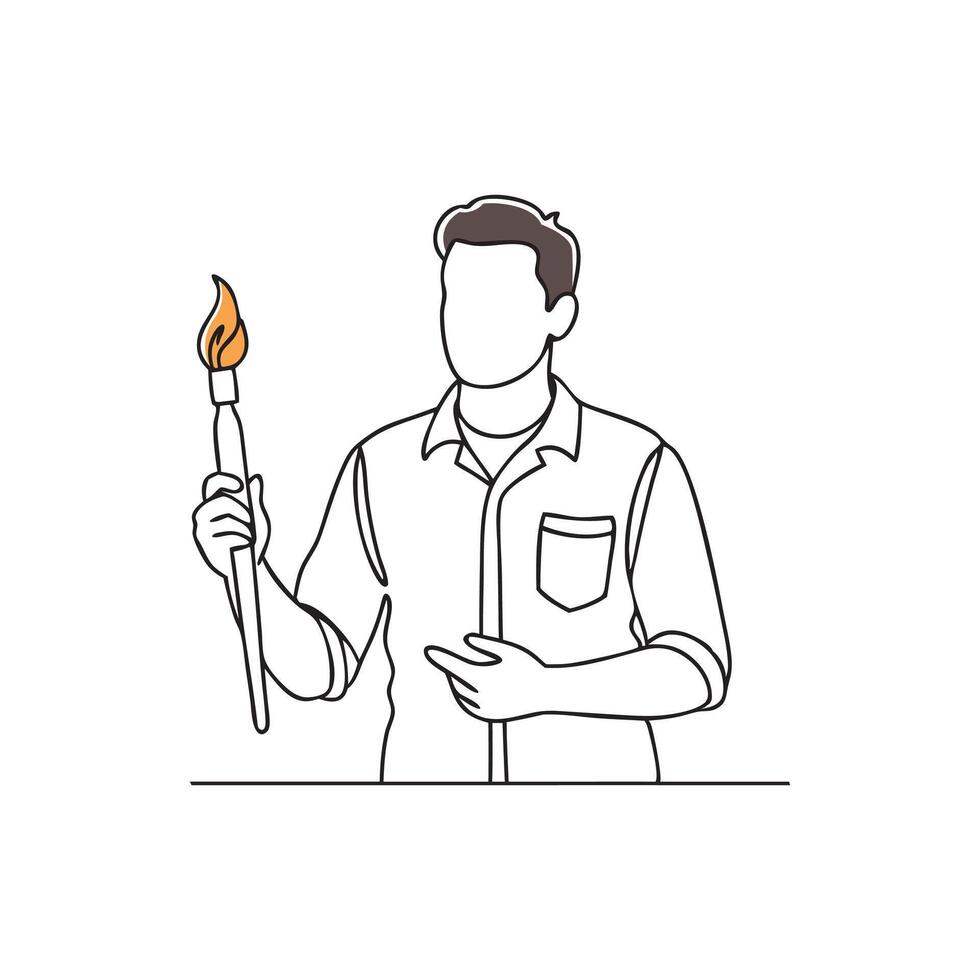 Man stands holding a paintbrush continuous black line art isolated flat illustration on white background. vector