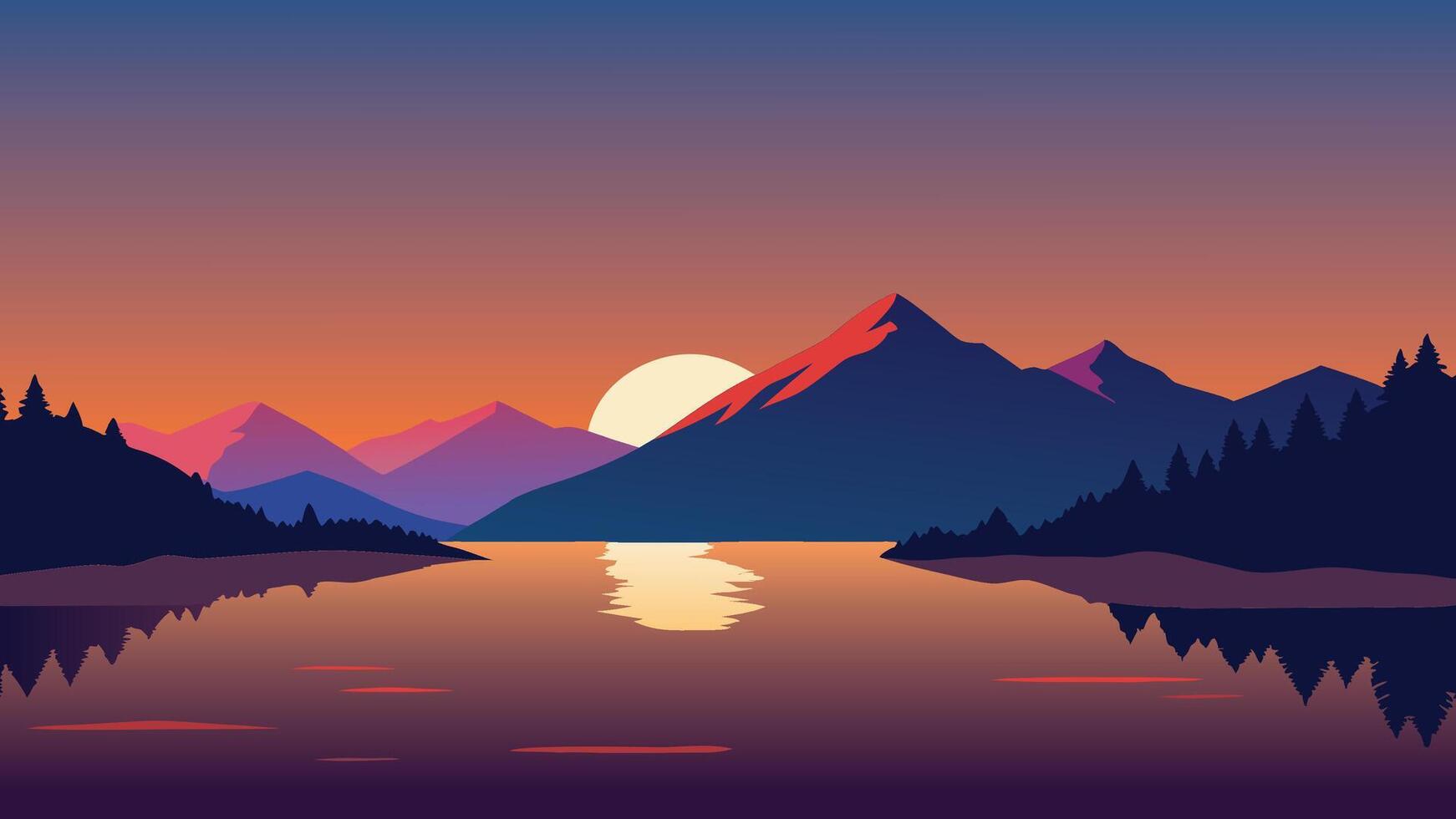 Breathtaking sunset paints the sky and mountains in vivid colors, with serene water reflecting the stunning scene flat illustration. vector
