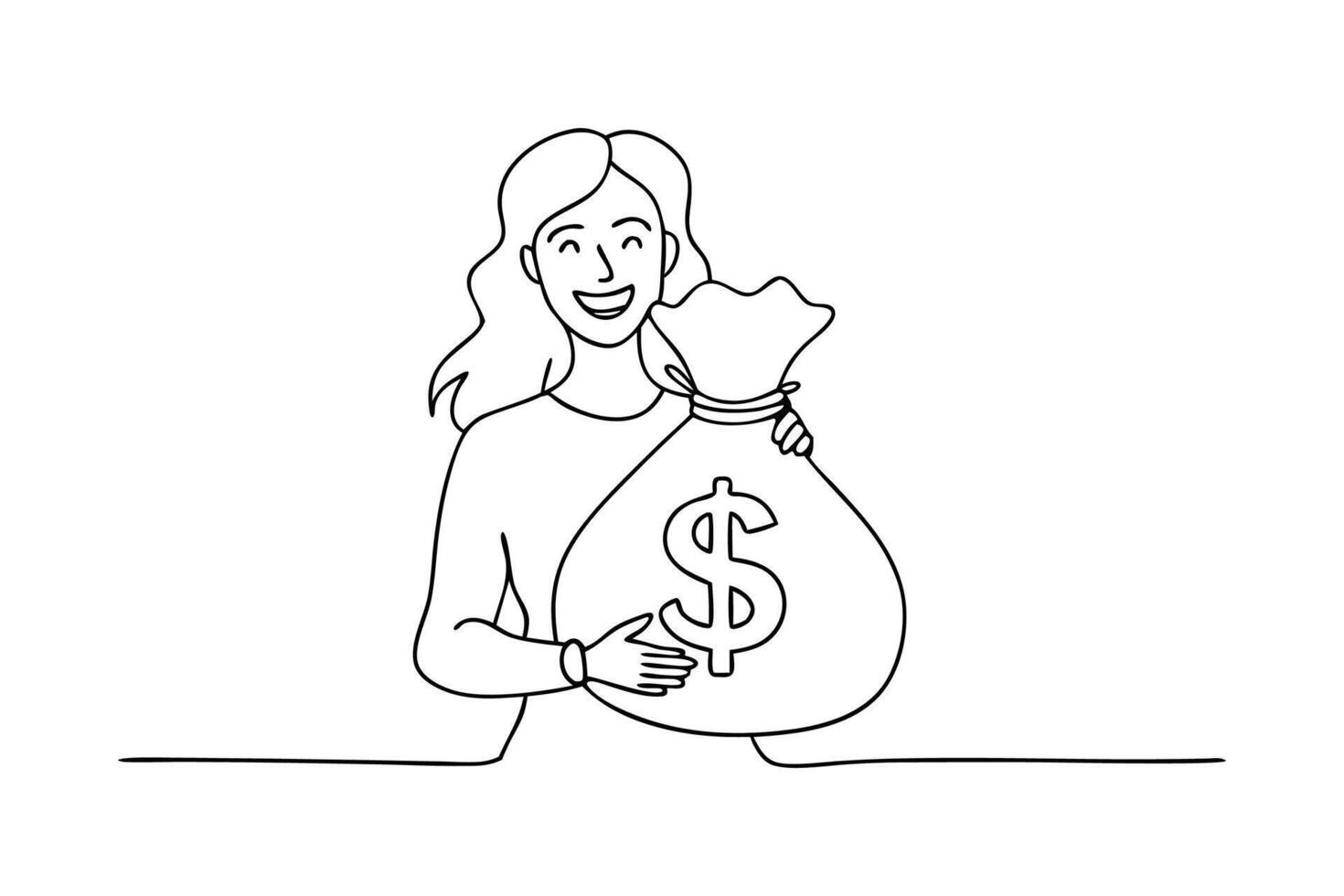 Cartoon woman cheerfully holding a large bag of money continuous black line art isolated flat illustration on white background vector