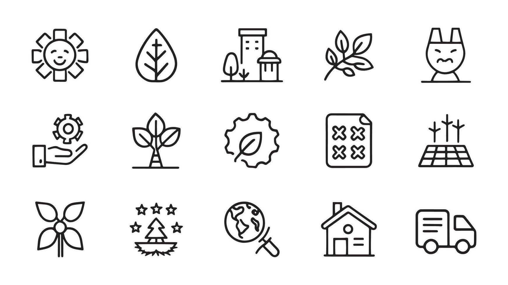 Eco friendly related Minimalist Black Line 15pcs icons set isolated on white background. vector