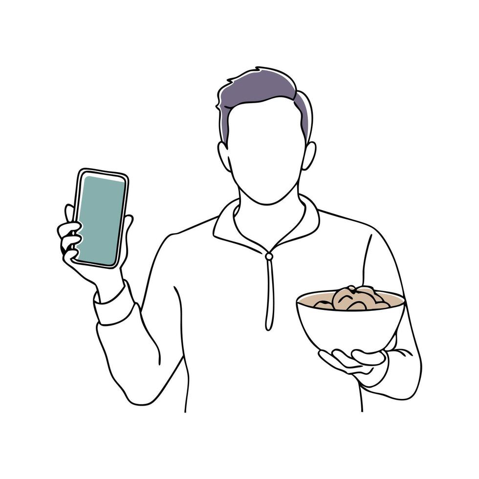 Man holds a bowl of cereal in one hand and a cell phone in the other continuous black line art isolated flat illustration on white background vector