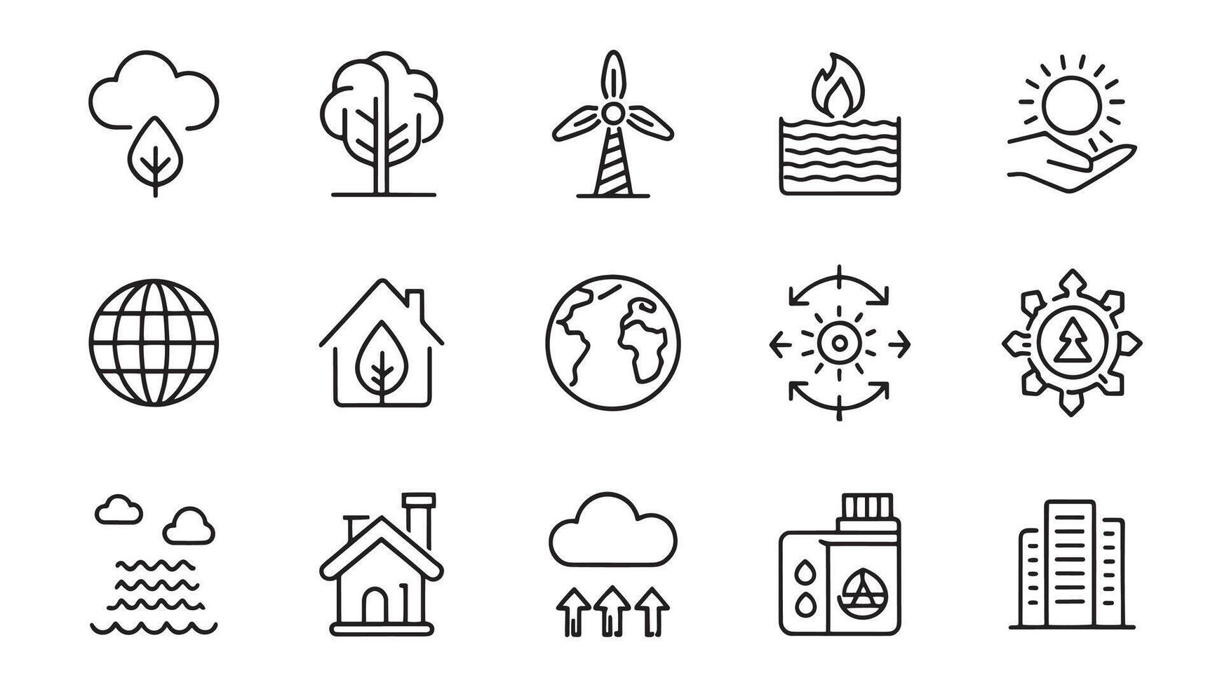 Climate change related Minimalist Black Line 15pcs icons set isolated on white background vector