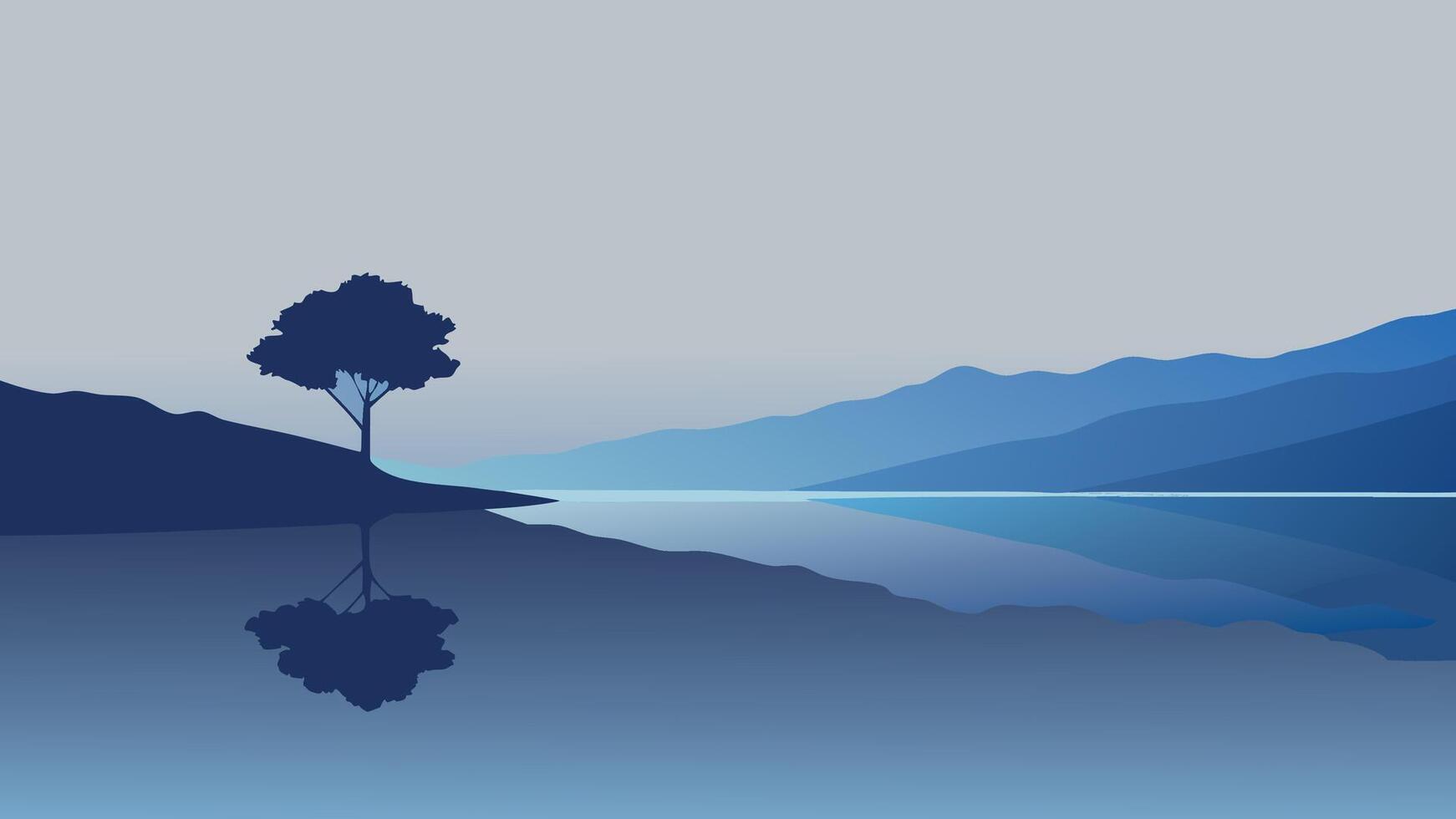 Blurred view of trees reflected in calm water, creating a serene and abstract natural scene flat illustration vector