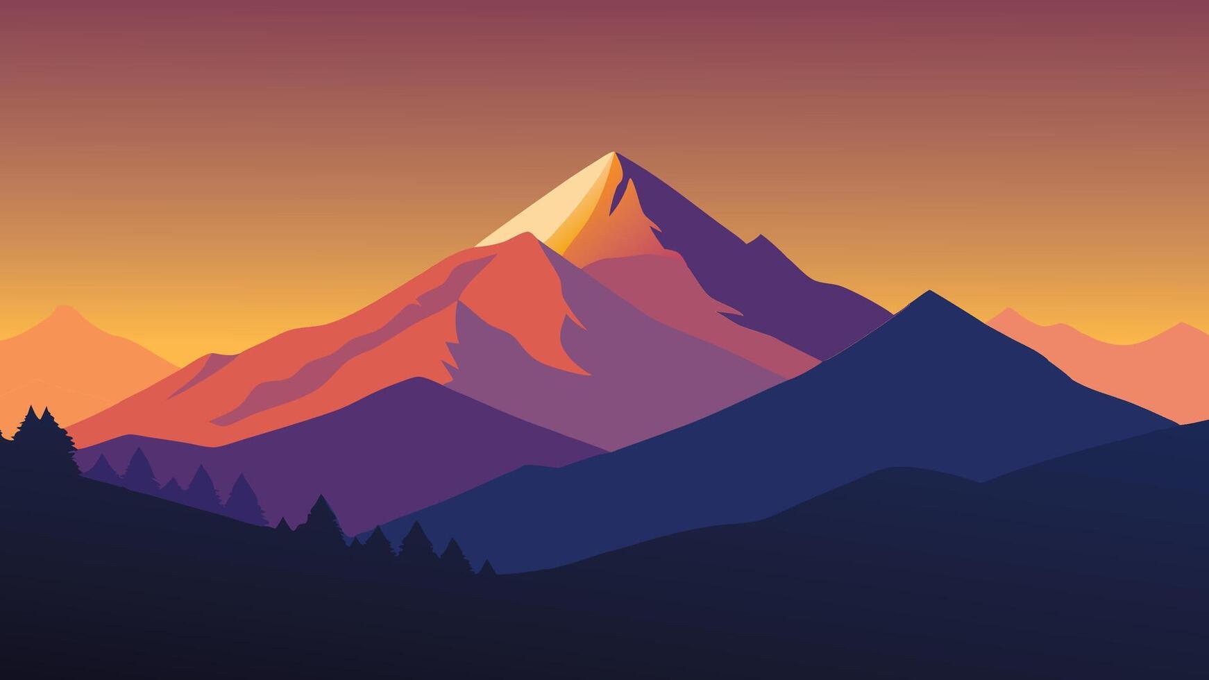 A stunning sunset casts vibrant colors over snow-capped mountains, creating a breathtaking natural landscape flat illustration vector
