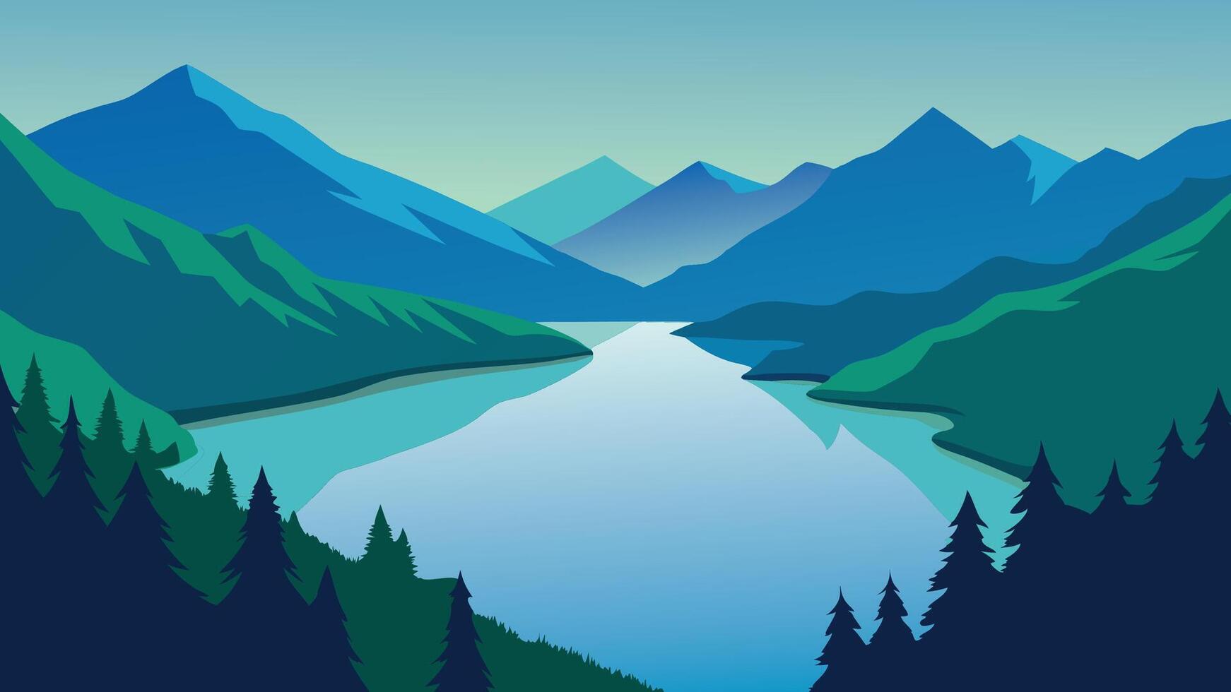Aerial view of a serene lake encircled by lush green forests, showcasing nature's tranquility and beauty from above flat illustration vector