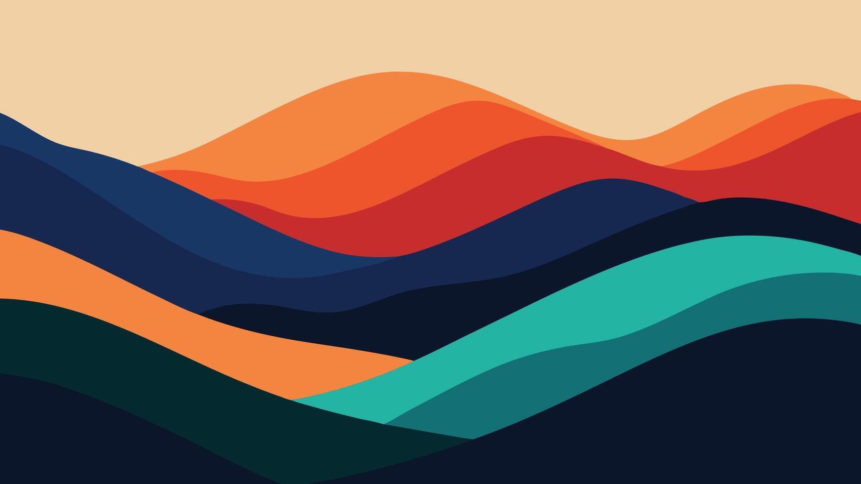 Majestic colorful mountains set against a blue sky, with dramatic orange and red clouds enhancing the picturesque scene flat illustration. vector