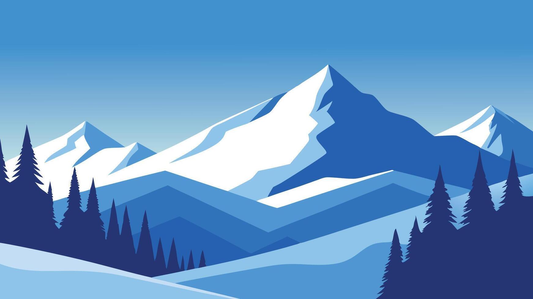 Snow covered trees stand majestically in the mountains under a clear blue sky, creating a serene winter landscape flat illustration vector