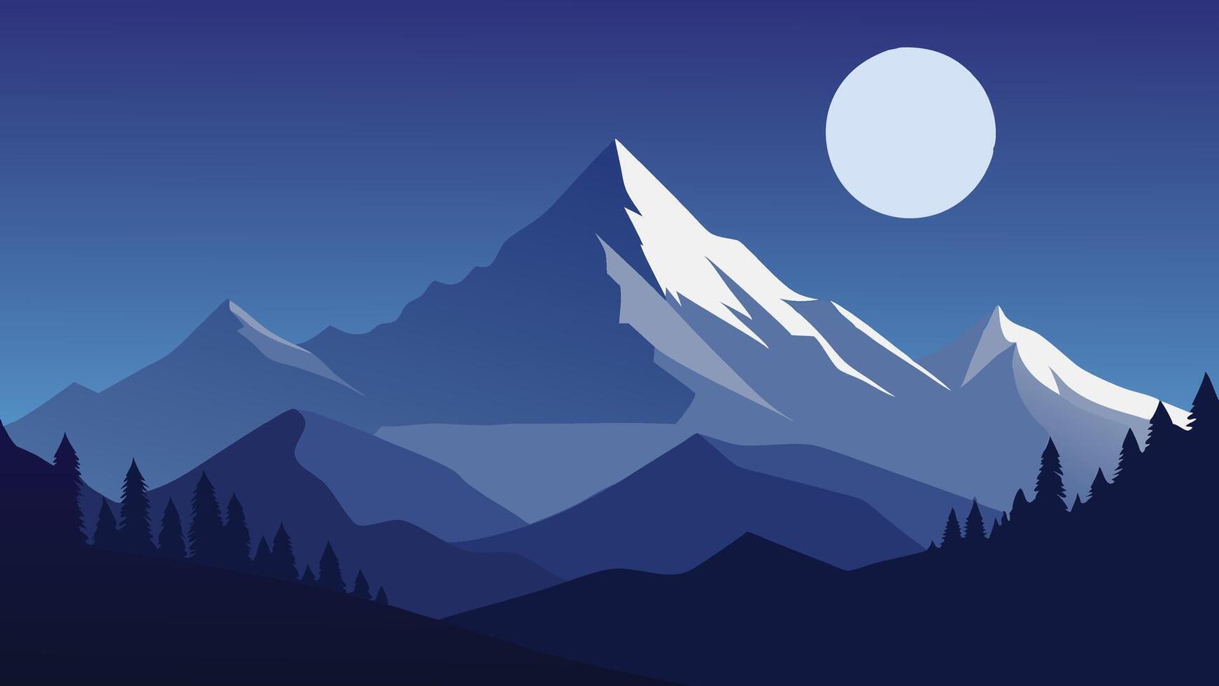 Snowy mountain landscape illuminated by a bright full moon in a clear night sky flat illustration vector