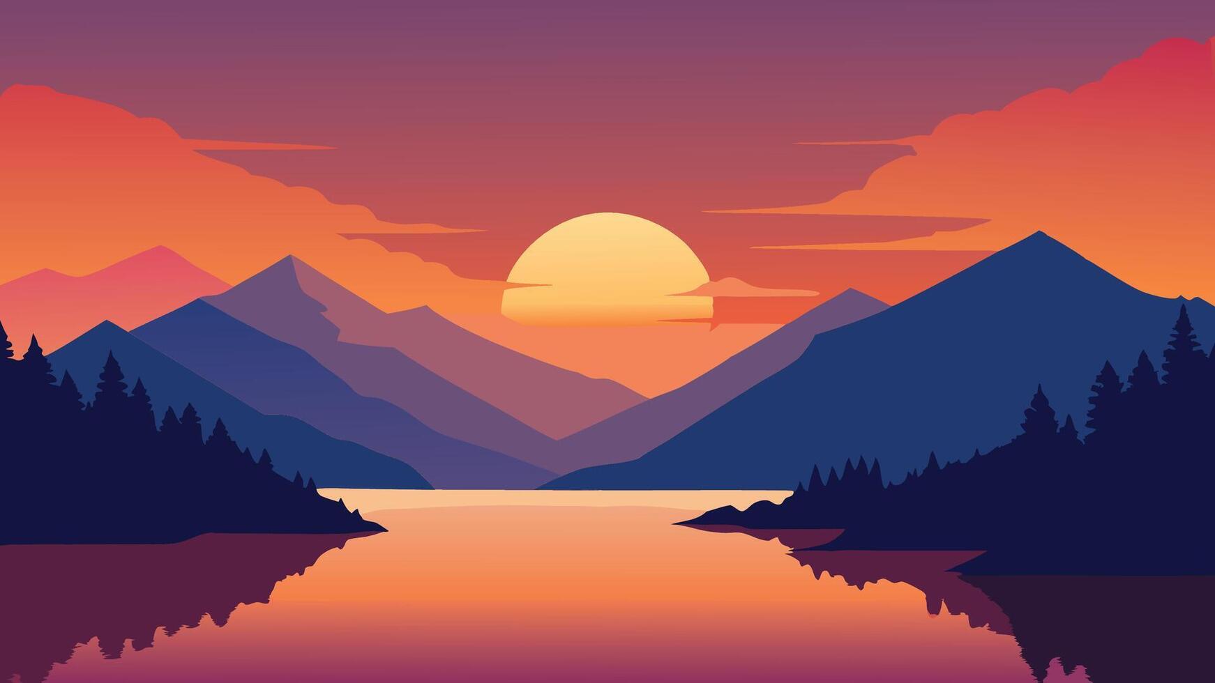 The sun sets over a calm lake, illuminating the sky with warm hues, while mountains rise majestically in the distance flat illustration vector