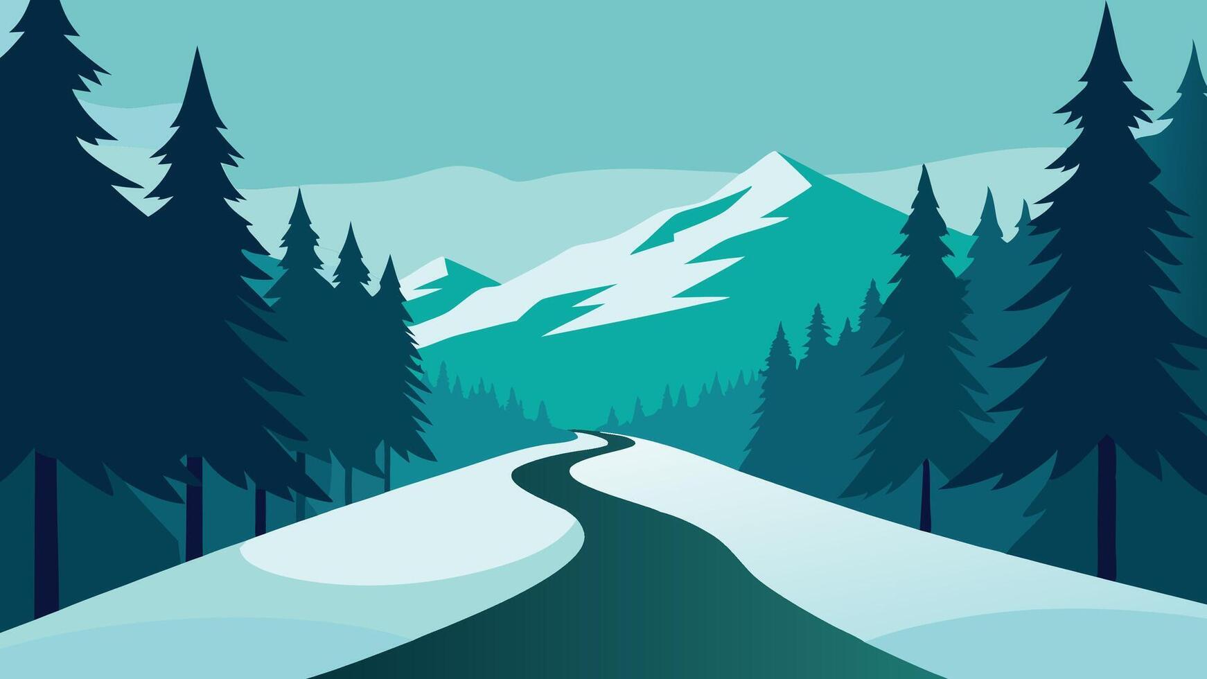 Snowy trail leads through a lush forest of evergreen trees, showcasing the beauty of winter's serene landscape flat illustration vector