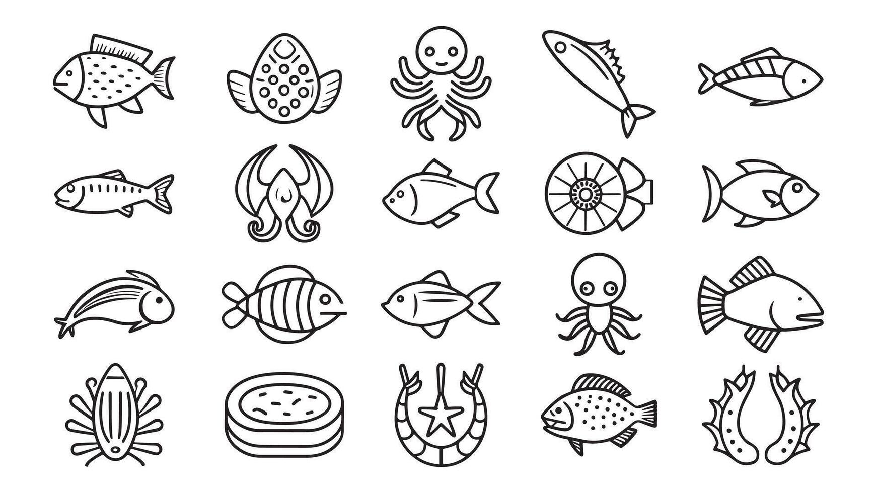 Fish and seafood elements related Minimalist Black Line 15pcs icons set isolated on white background. vector