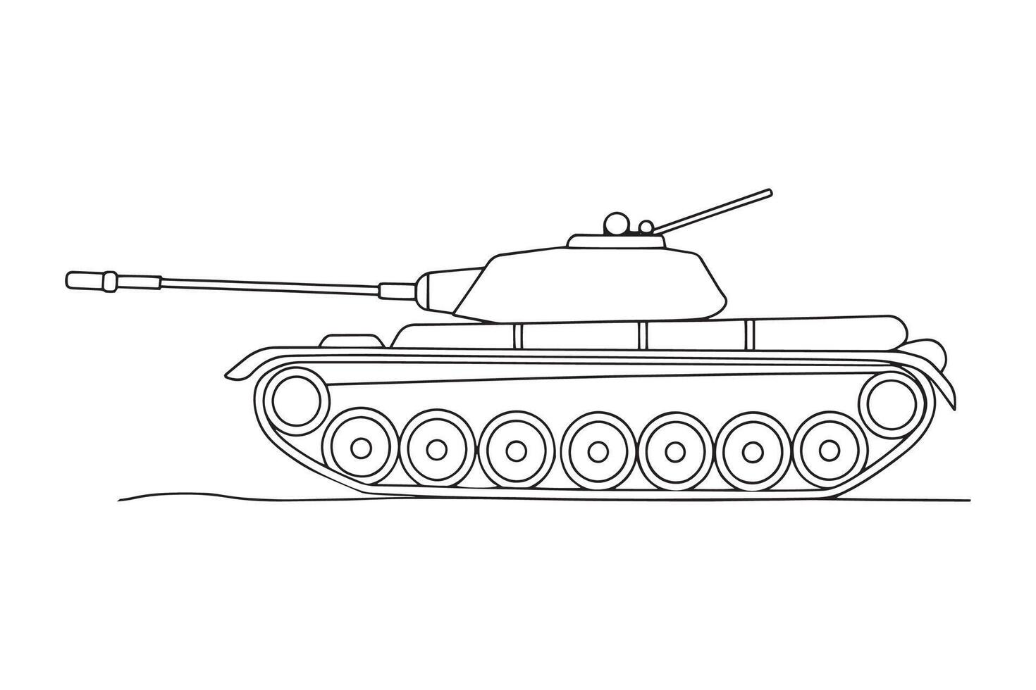Military tank continuous line art isolated flat illustration on white background. vector