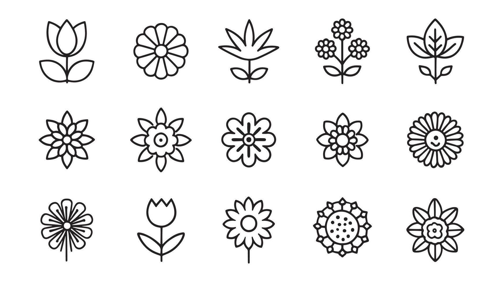 Floral related Minimalist Black Line 15pcs icons set isolated on white background vector
