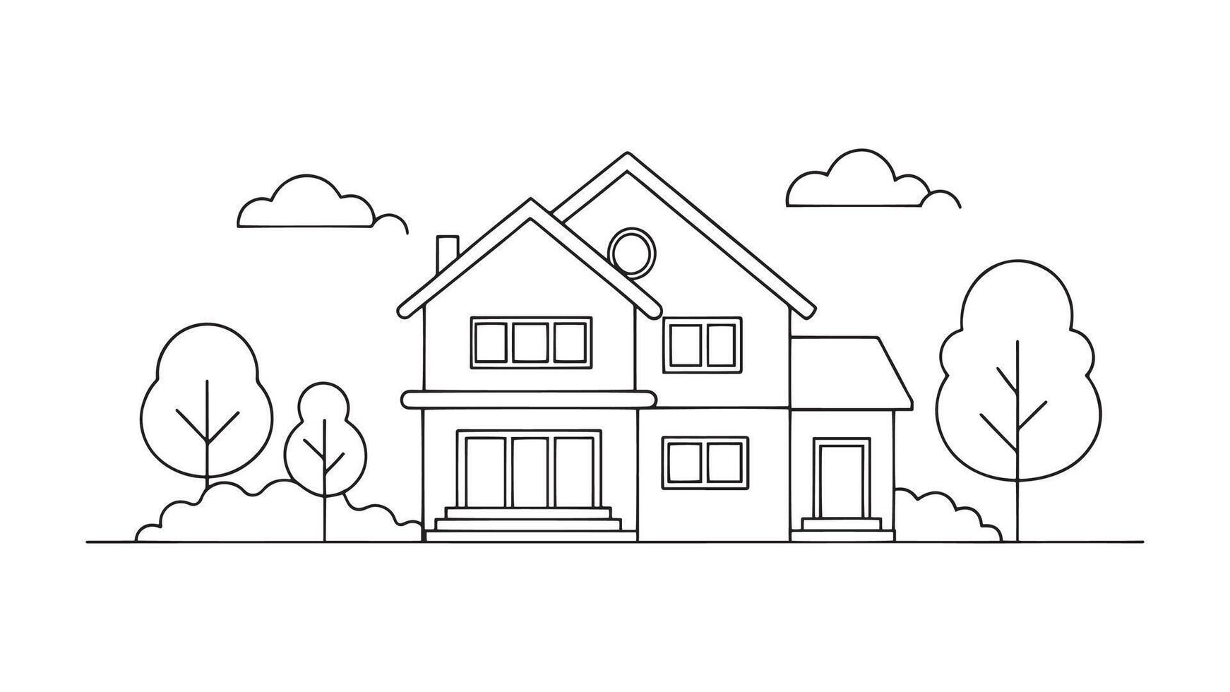 A charming house set against a backdrop of lush trees and vibrant bushes line art flat illustration on white background vector