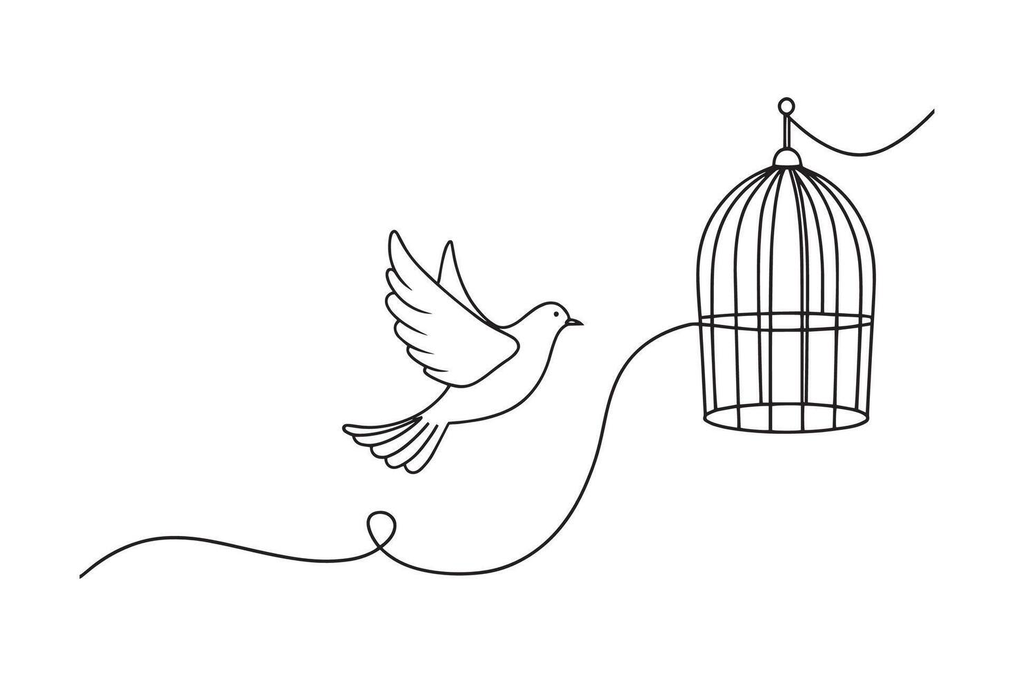 Bird released from birdcage continuous line art isolated on white background vector