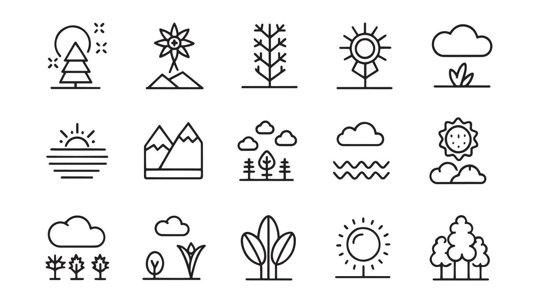 Landscapes, plants, weather, and outdoor themes related Minimalist Black Line 15pcs icons set isolated on white background vector