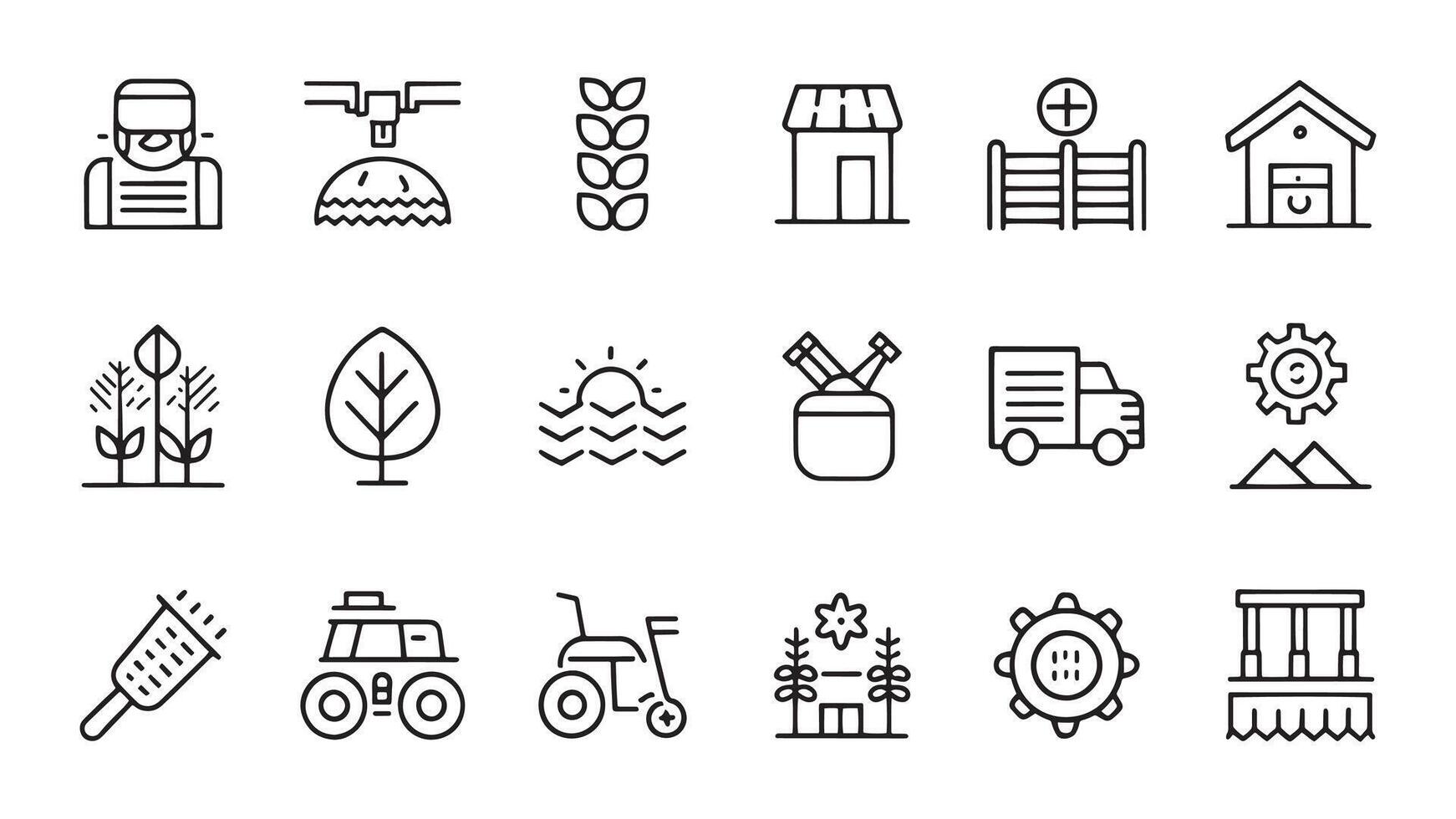 Farming and agriculture related Minimalist Black Line 15pcs icons set isolated on white background. vector