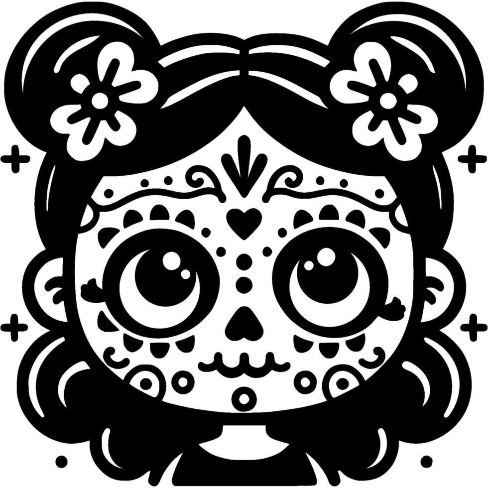 Brunette girl with a face decorated with Mexican ornament in monochrome. Simple minimalistic in black ink drawing on white background vector