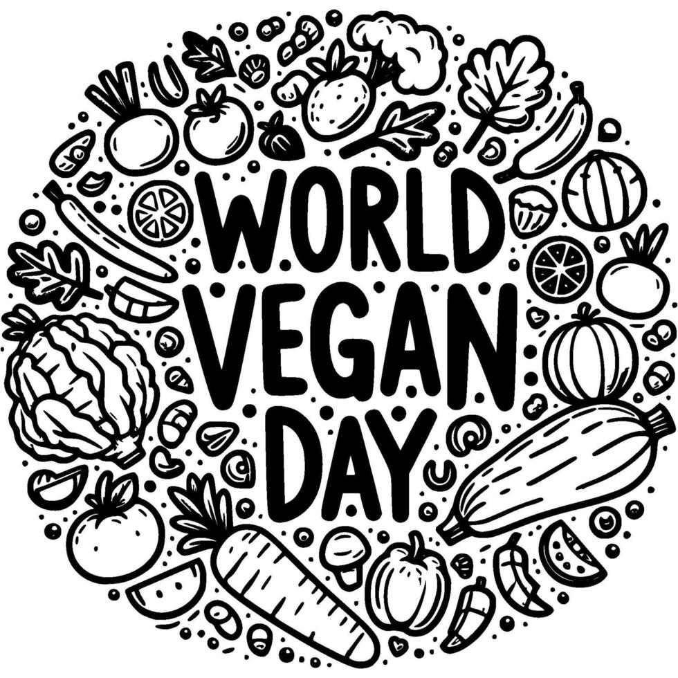 Vegetables and fruits with inscription his World Vegan Day in monochrome. Simple minimalistic in black ink drawing on white background vector