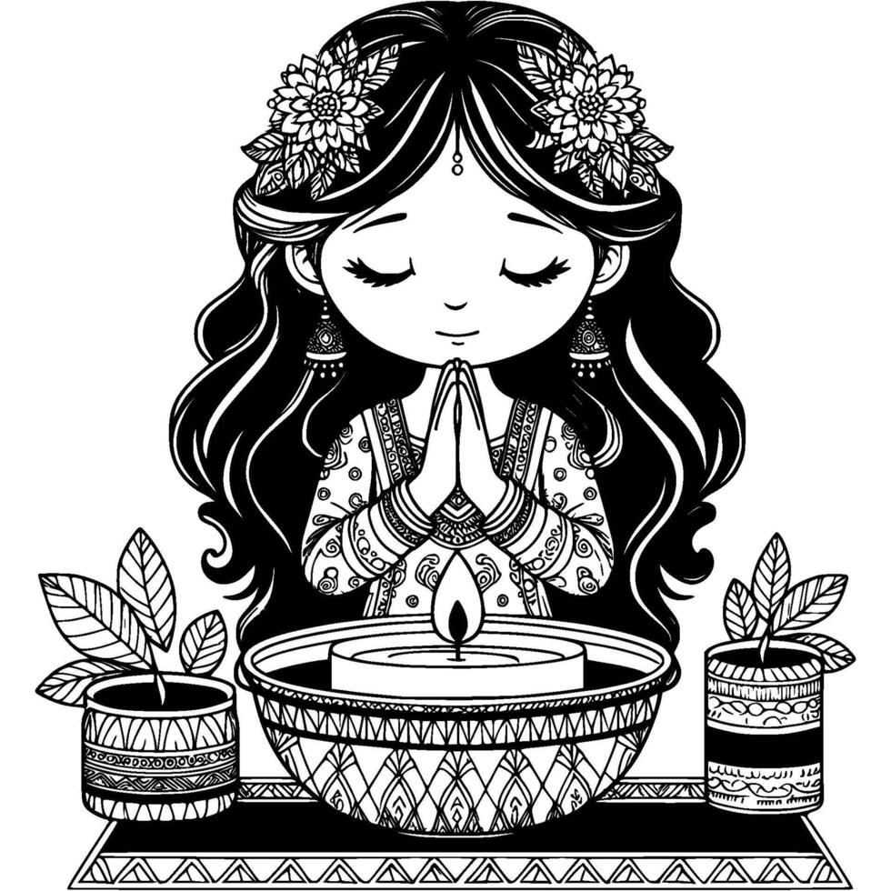 Girl dressed in smart dress praying with her hands folded in prayer in monochrome. Simple minimalistic in black ink drawing on white background vector