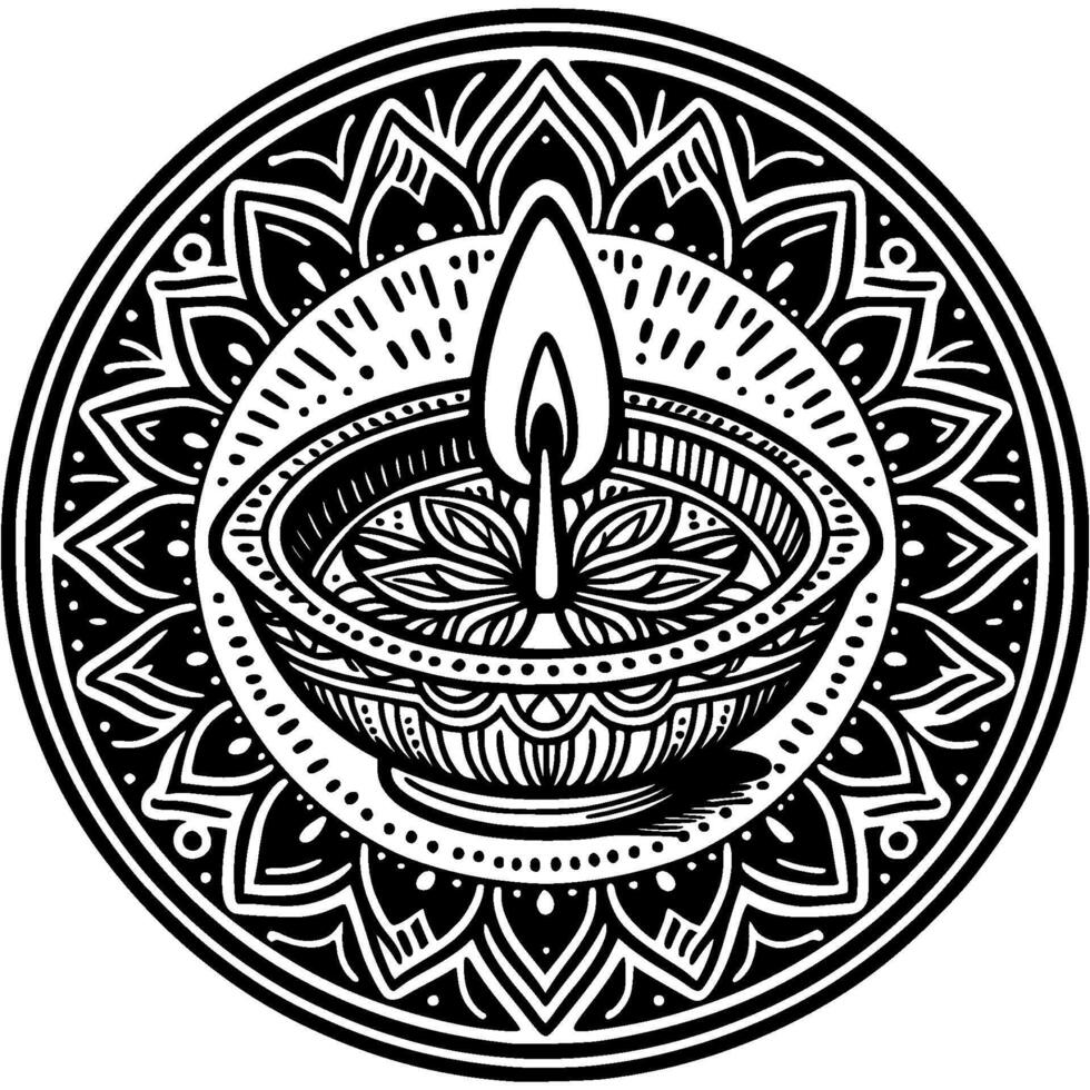 Burning candle in a traditional ceramic bowl in monochrome. Simple minimalistic in black ink drawing on white background vector