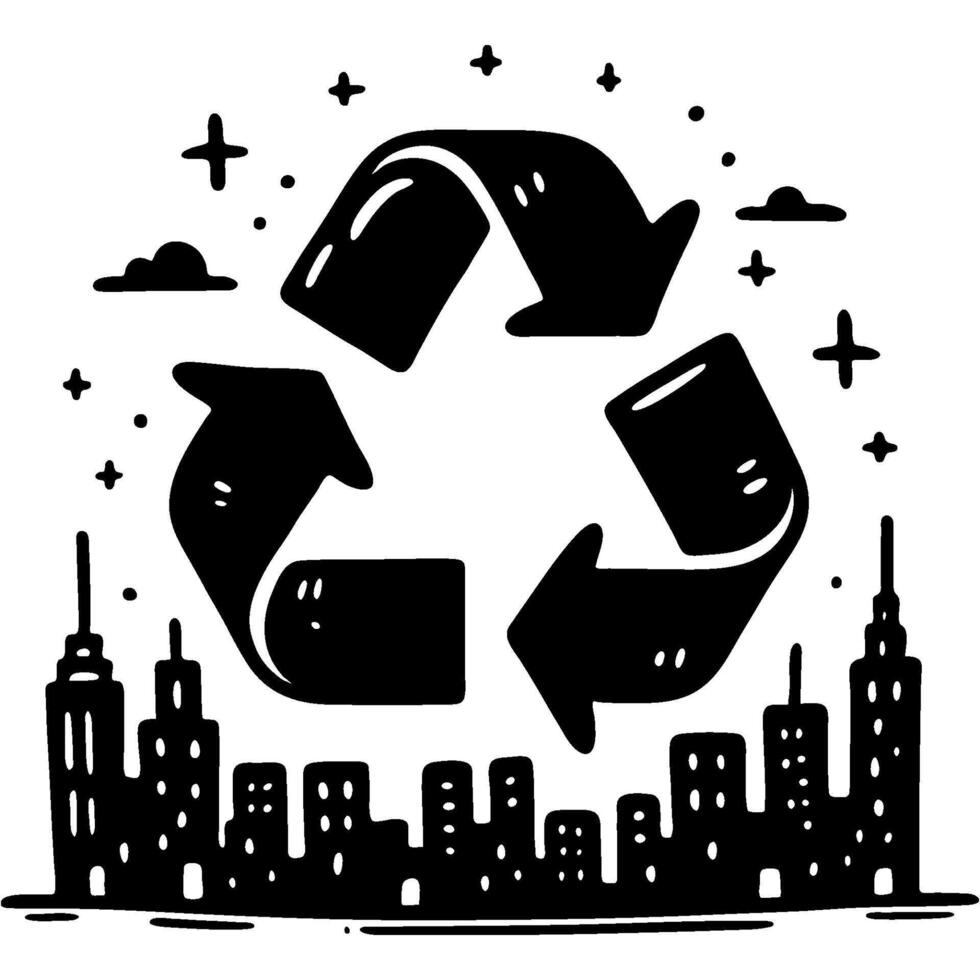 Recycling sign against a big city skyline in monochrome. Simple minimalistic in black ink drawing on white background vector