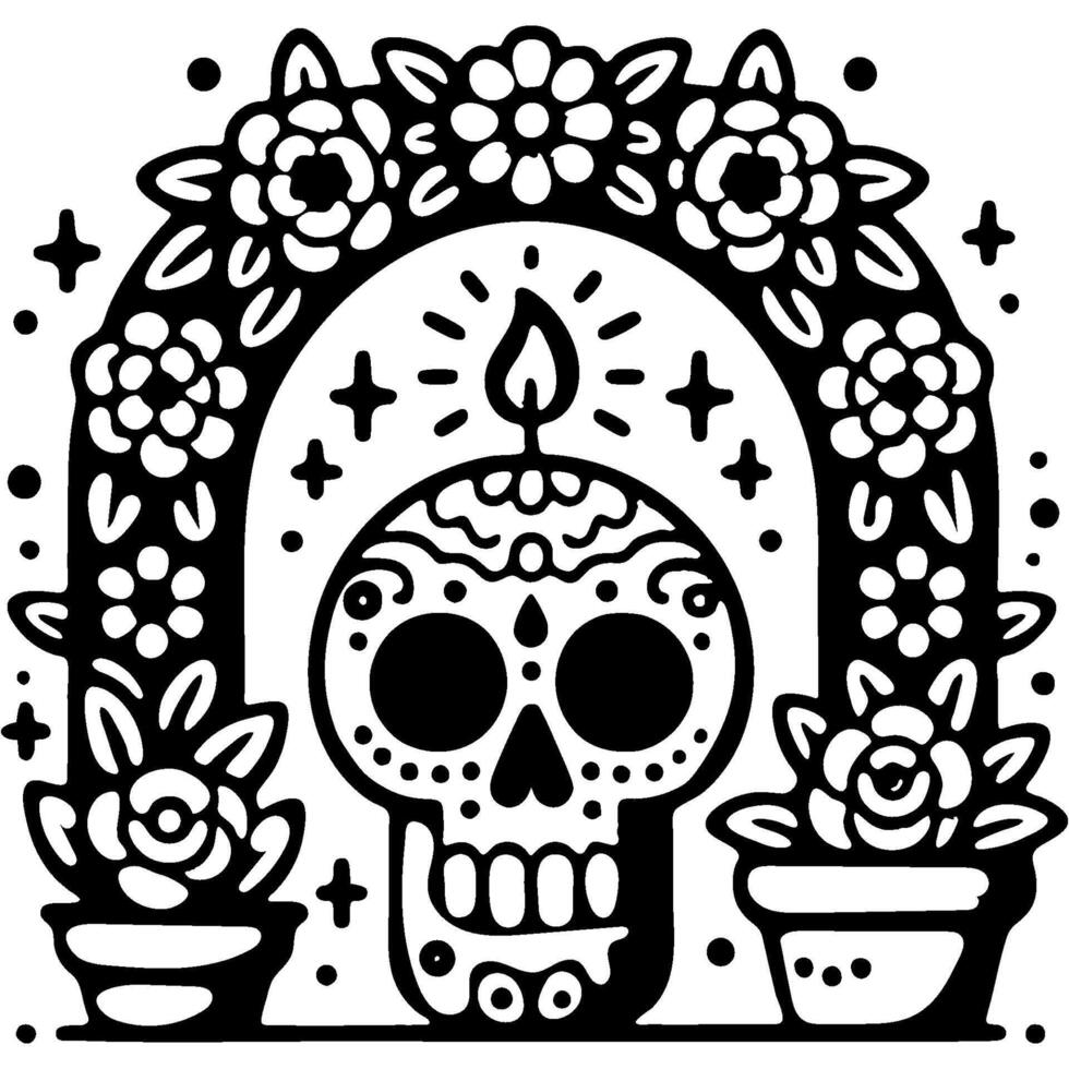 Altar in shape of arch with a human sugar skull and lit candles in monochrome. Simple minimalistic in black ink drawing on white background vector