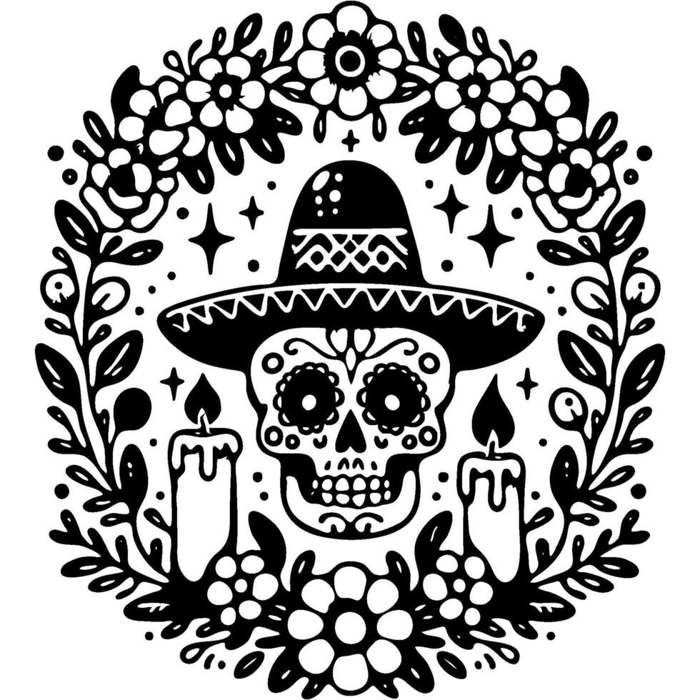 Flower wreath with human sugar skull and lit candles in monochrome. Simple minimalistic in black ink drawing on white background vector