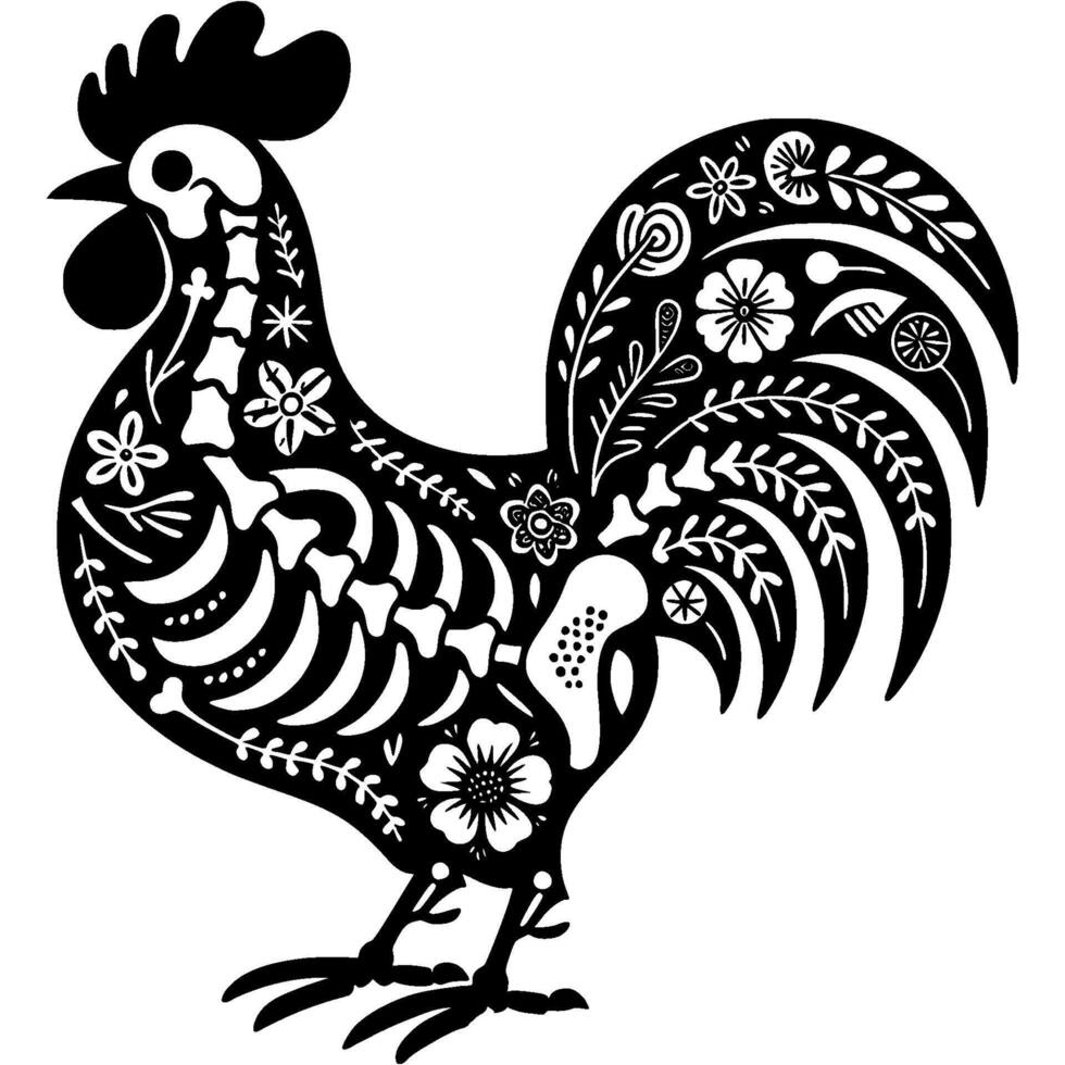 Silhouette of cockerel skeleton is decorated with Mexican floral patterns and in monochrome. Simple minimalistic in black ink drawing on white background vector
