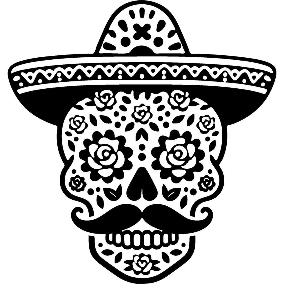 Skull with Mexican facial ornament and sombrero decorated with flowers in monochrome. Simple minimalistic in black ink drawing on white background vector