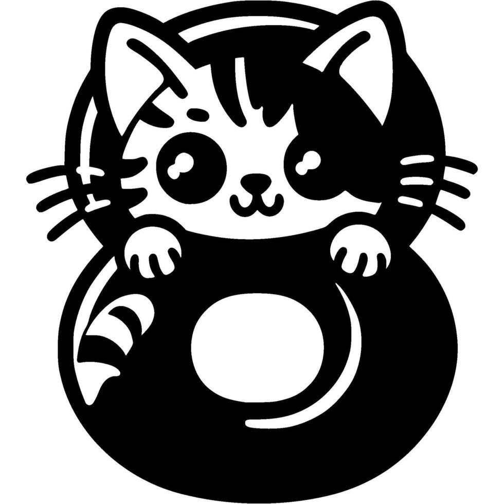Little kitten hid behind the number eight digit in kitty style in monochrome. Simple minimalistic in black ink drawing on white background vector