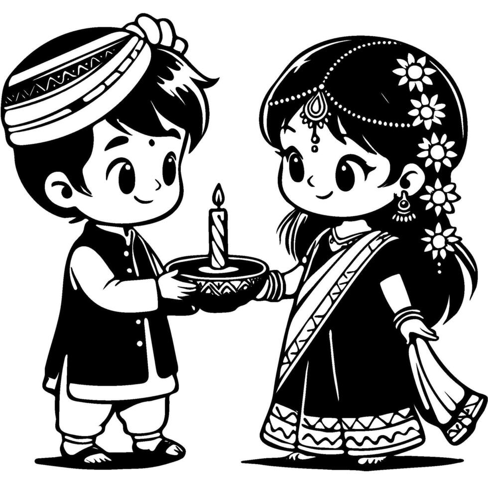Boy dressed in traditional Indian clothing presents candle in ceramic bowl to young girl in monochrome. Simple minimalistic in black ink drawing on white background vector