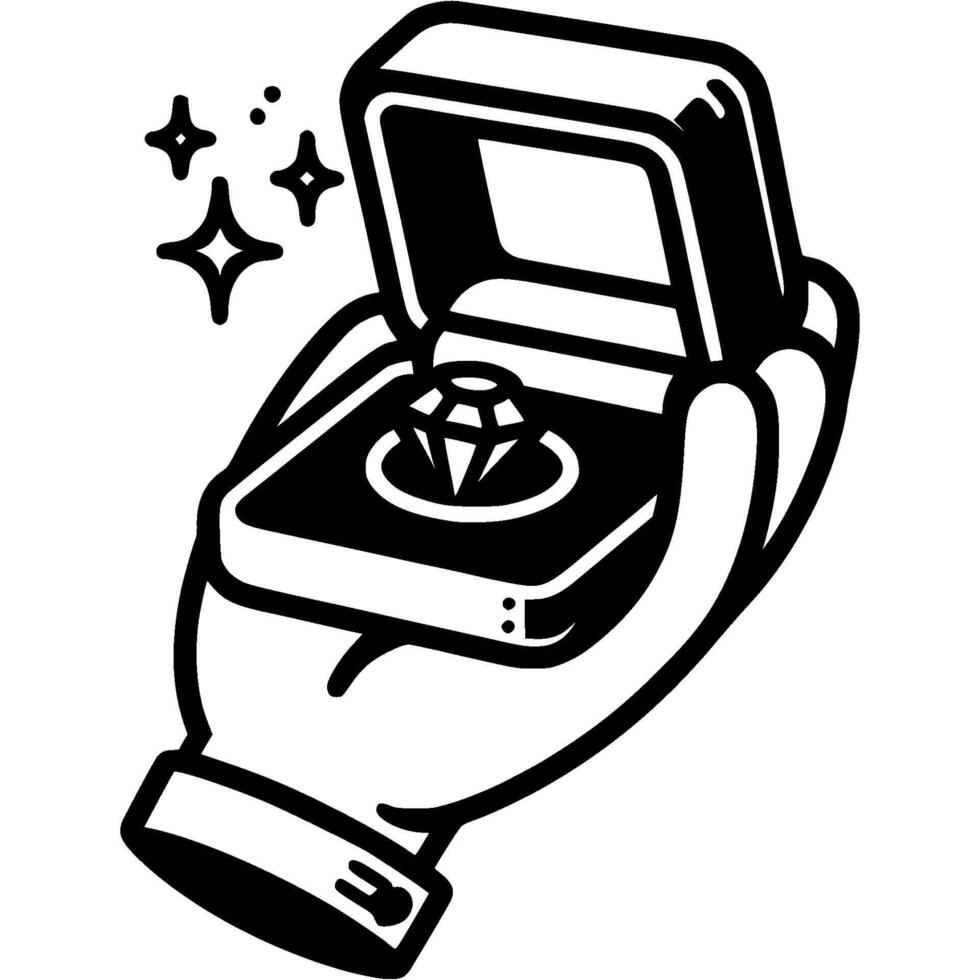 Hand of jeweler gives away open velvet box with precious ring in monochrome. Simple minimalistic in black ink drawing on white background vector
