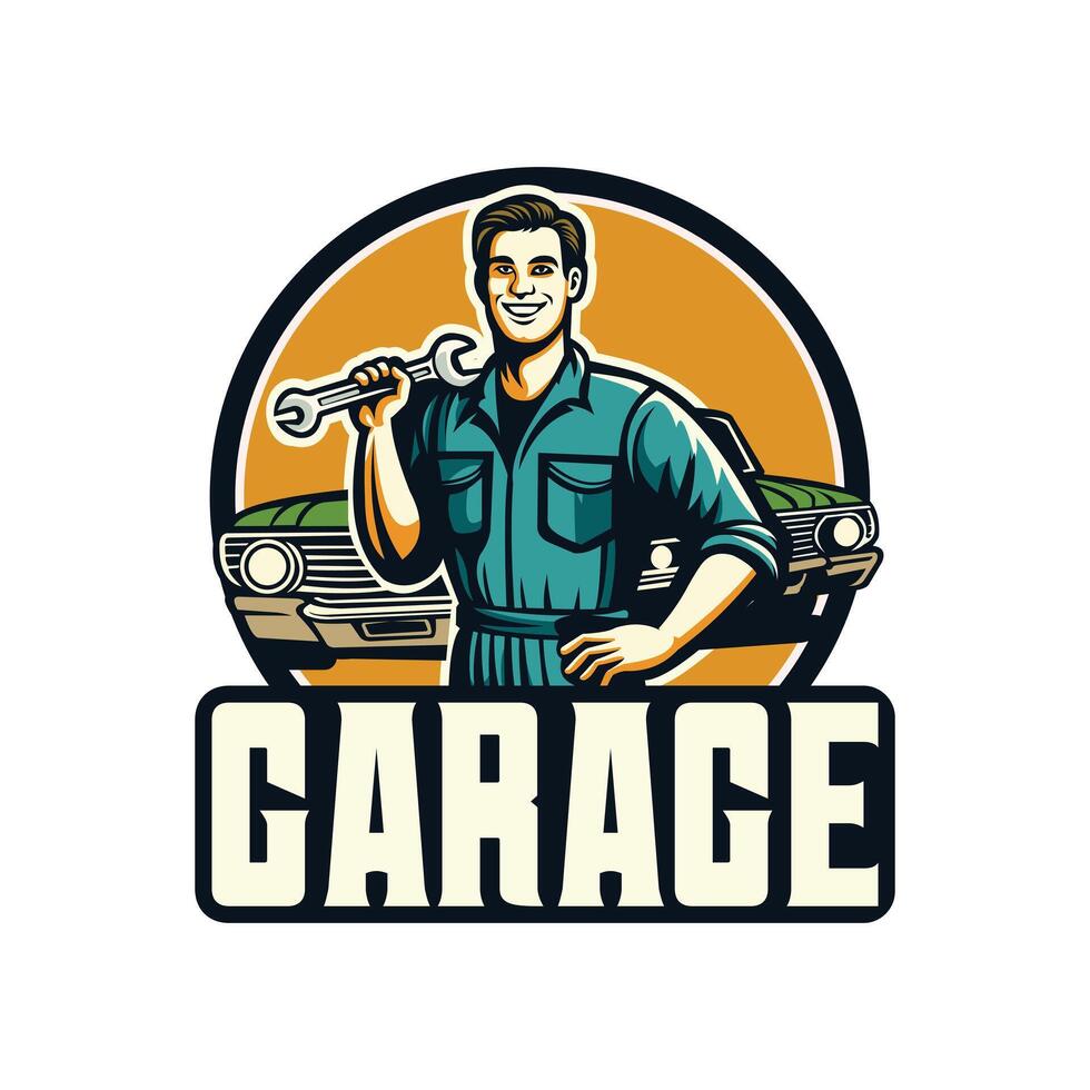 Retro car repair garage sign. Custom restoration shop. vector