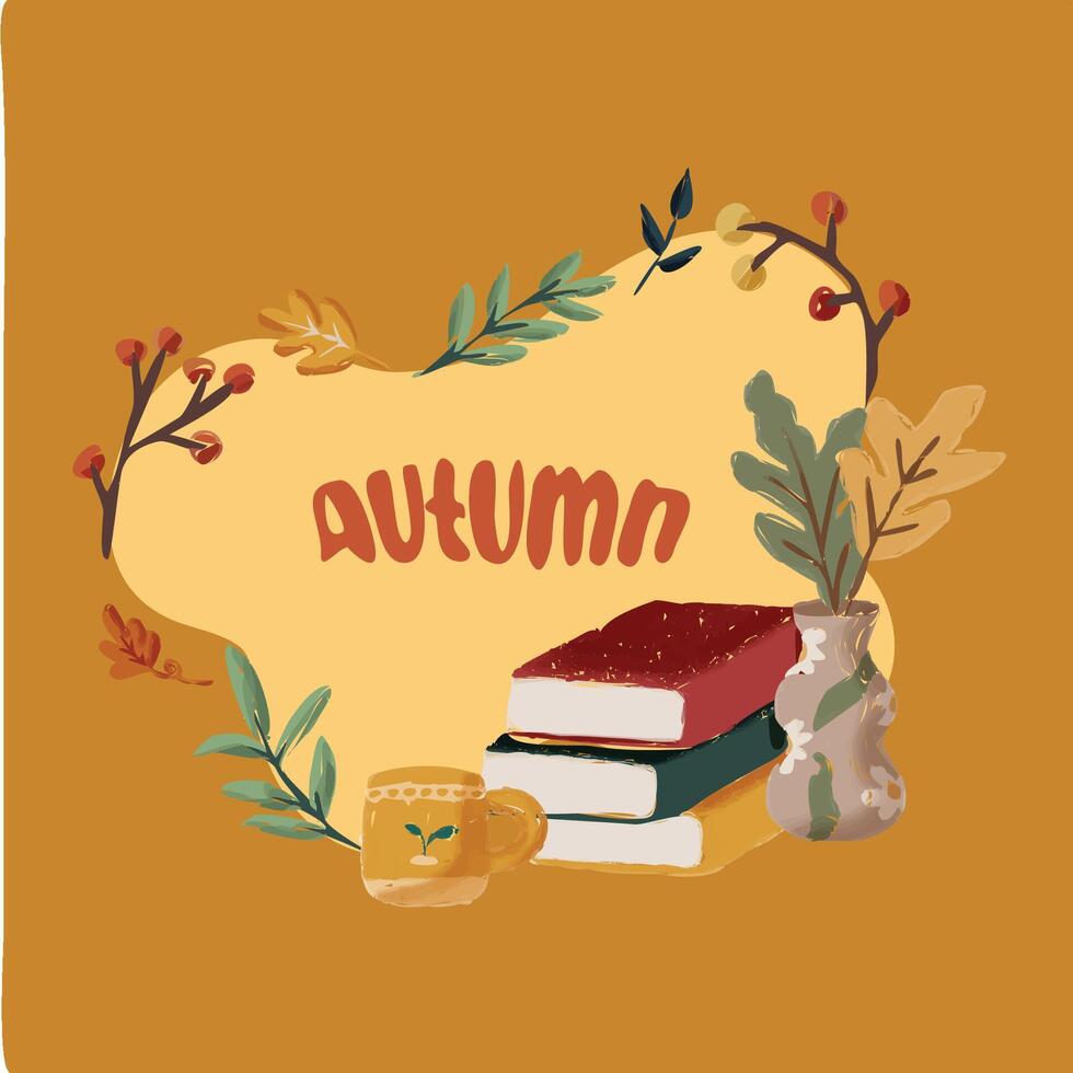 Autumn Sticker Greeting Card background abstract leaves book and cup of tea vector