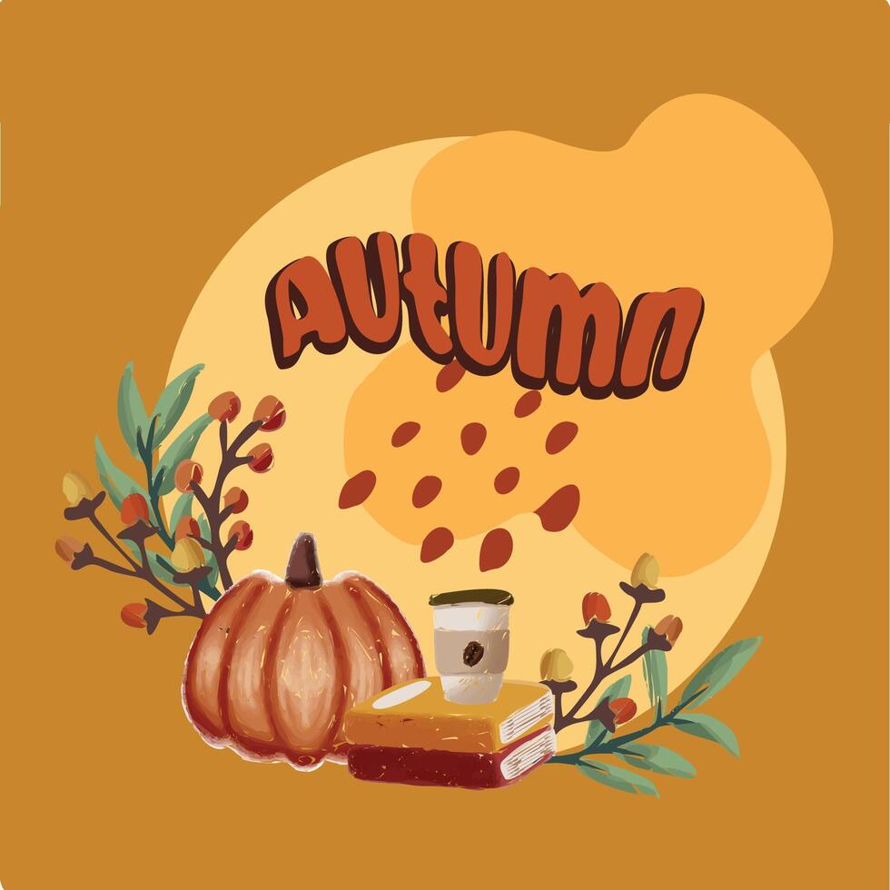 Autumn Sticker Greeting Card pumkin mushroom book and coffee cup and abstract background leaves vector