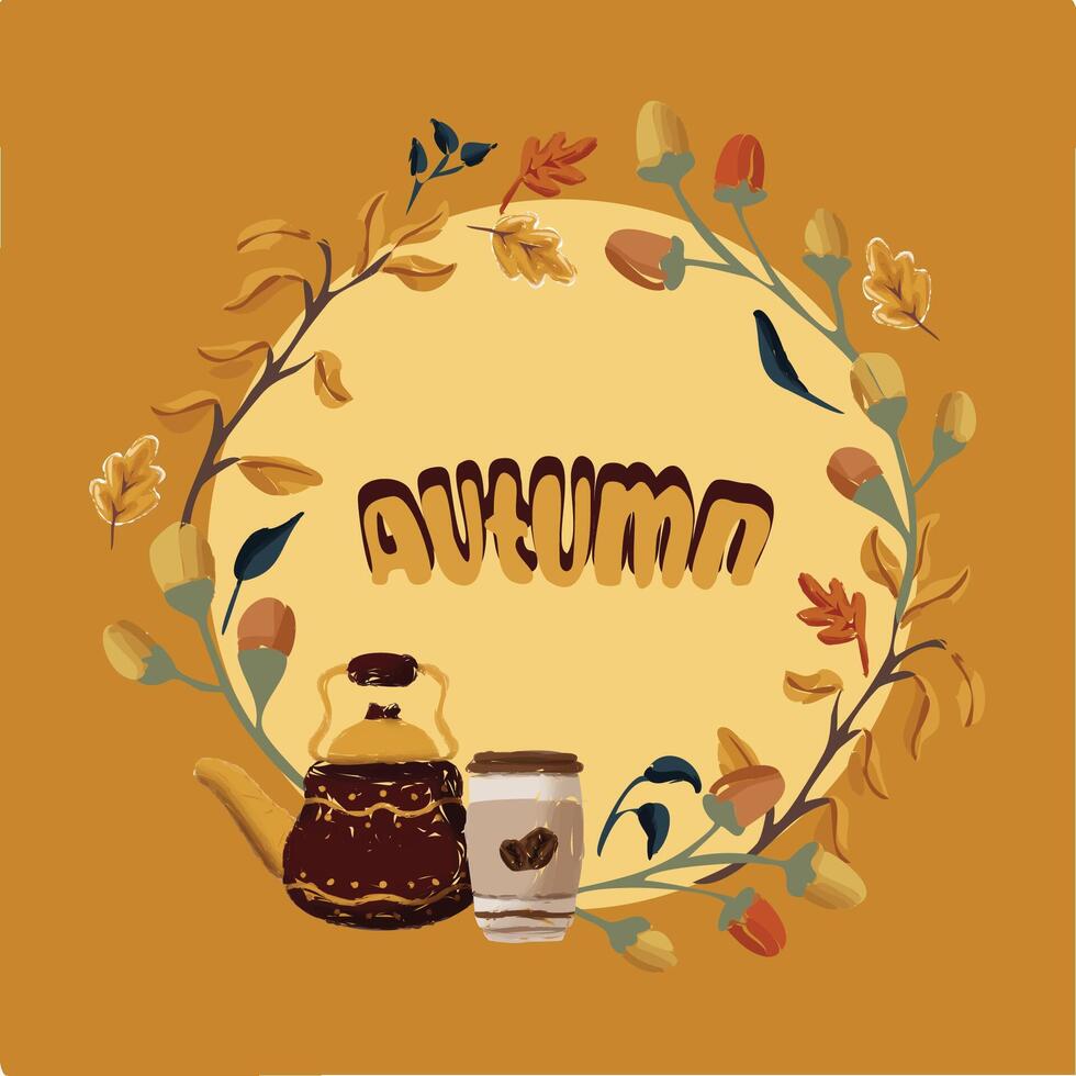 Autumn Sticker Greeting Card Design flower and drink kettle cup of tea vector