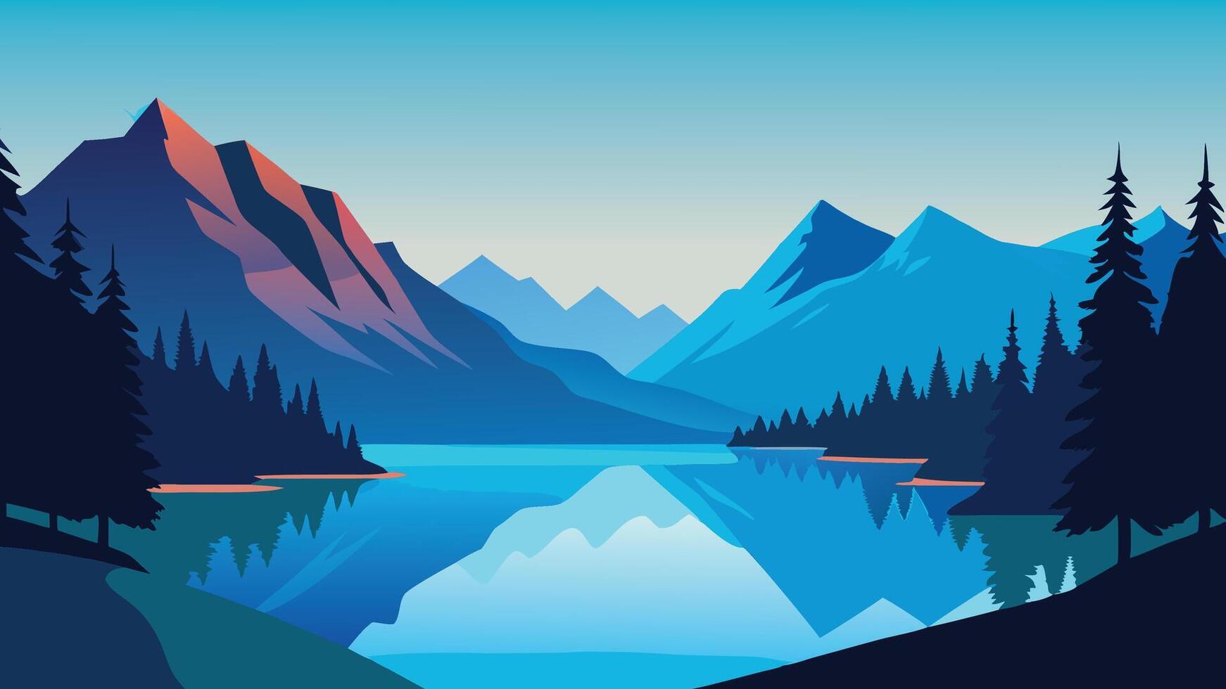 Picturesque lake encircled by towering mountains and vibrant trees, showcasing the harmony of the natural landscape vector
