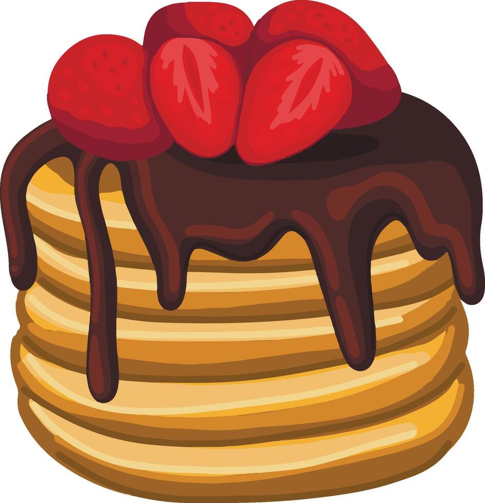 golden brown pancakes stack topped with rich, melted chocolate and fresh strawberries. vector