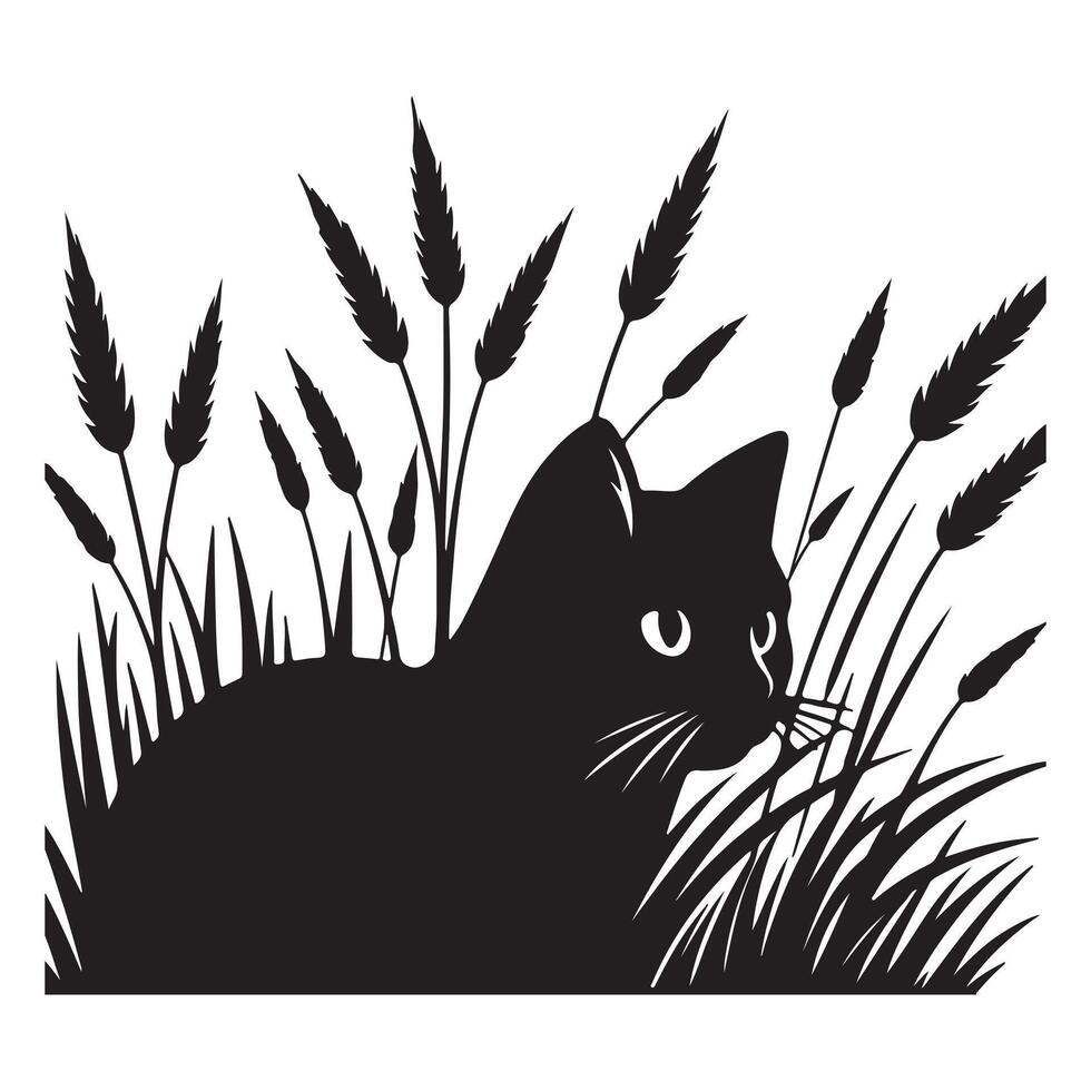 Black silhouette of a cat peeking out from a tall grass patch vector