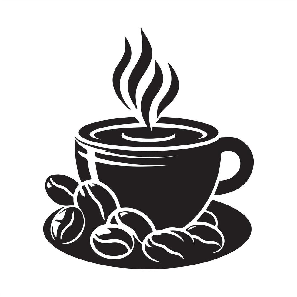 Coffee hot cup with beans icon silhouette, illustration isolated on a white background vector