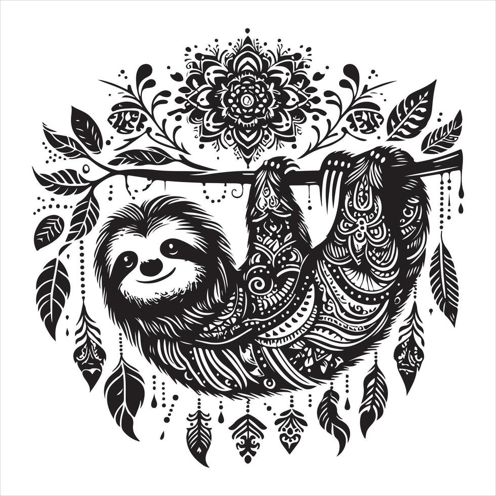 Sloth in bohemian black and white silhouette on white background vector