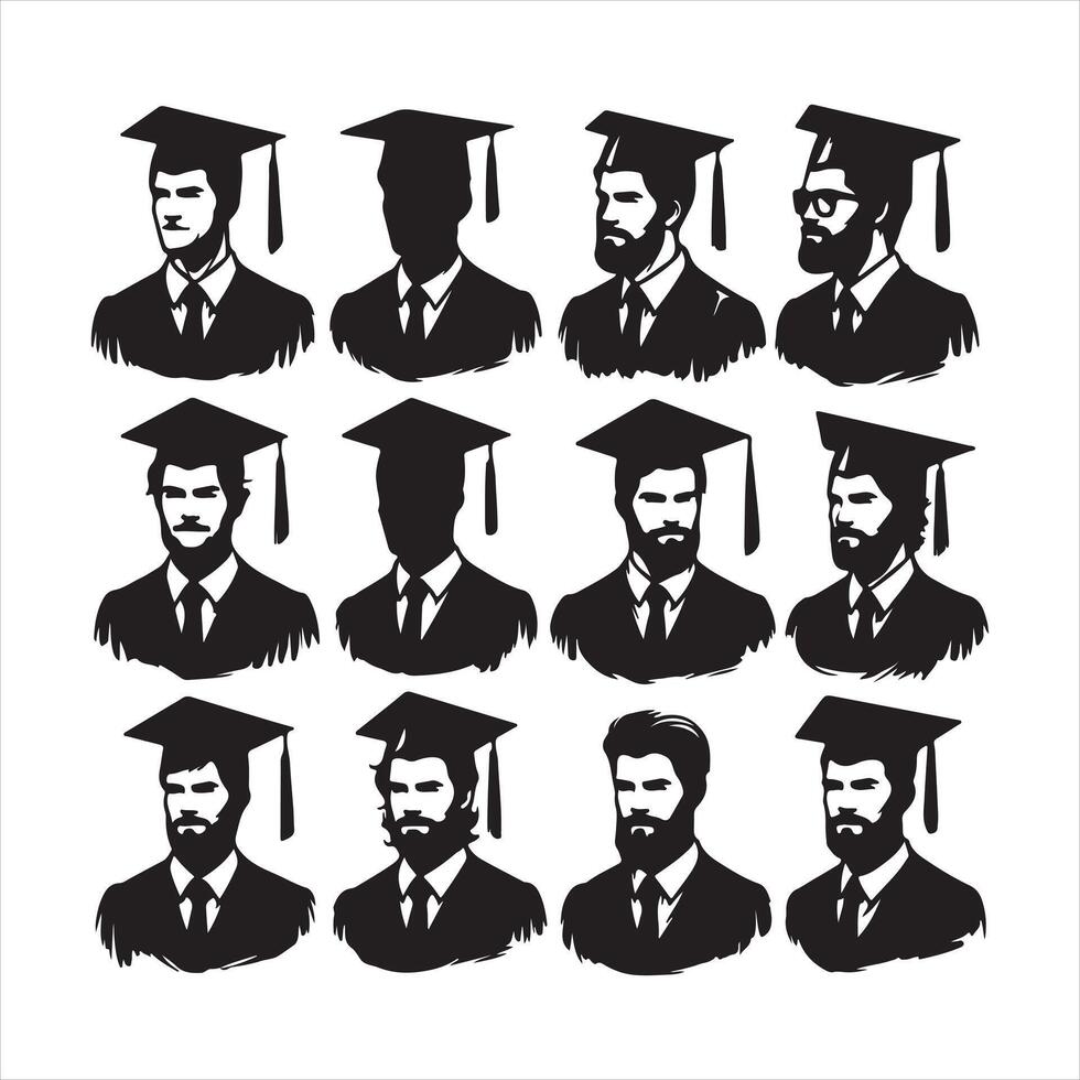 Set of graduated men silhouette on white background vector