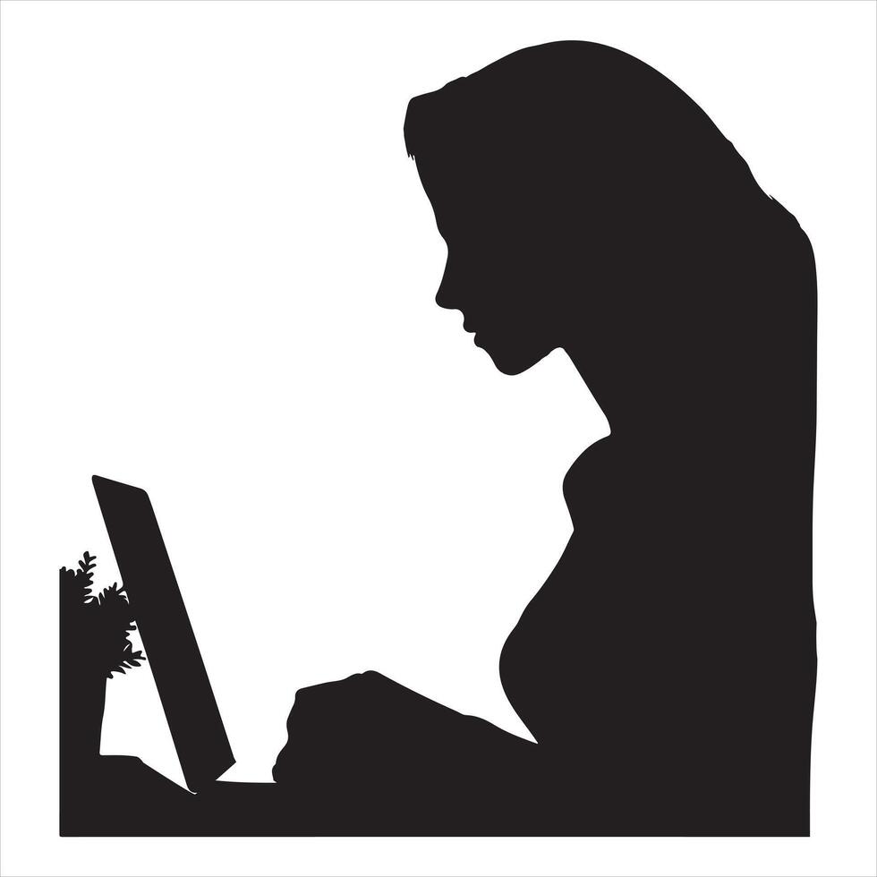 Female silhouette. Remote job. Freelancer lifestyle. Dark contrast shape profile portrait of confident woman working online using laptop silhouette on white background vector
