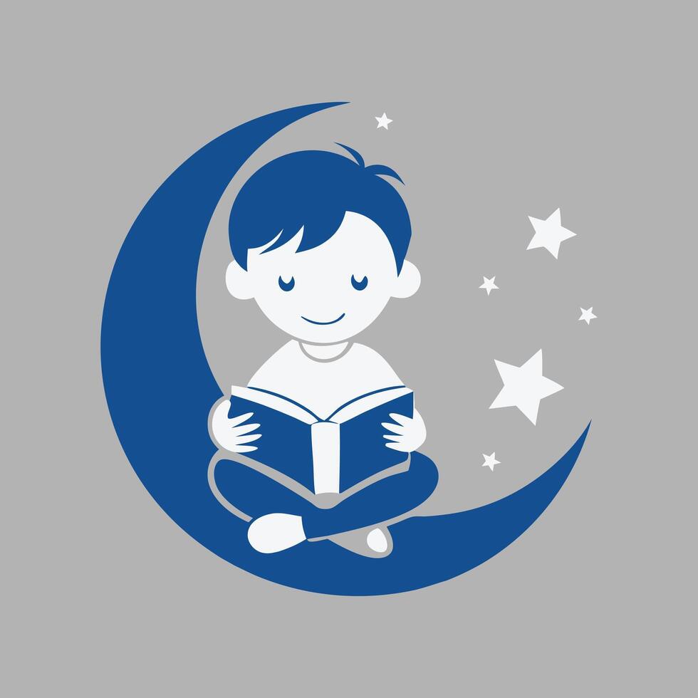 Boy Reading Inside Crescent Moon - Serene Illustration vector