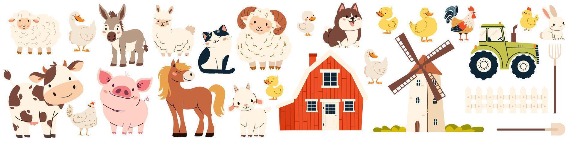 A collection of farm pets and buildings. Mill farm farm tractor fork shovel shovel fence. Cow pig lamb sheep sheep horse dog dog cat goose goose duck hen rooster goat vector