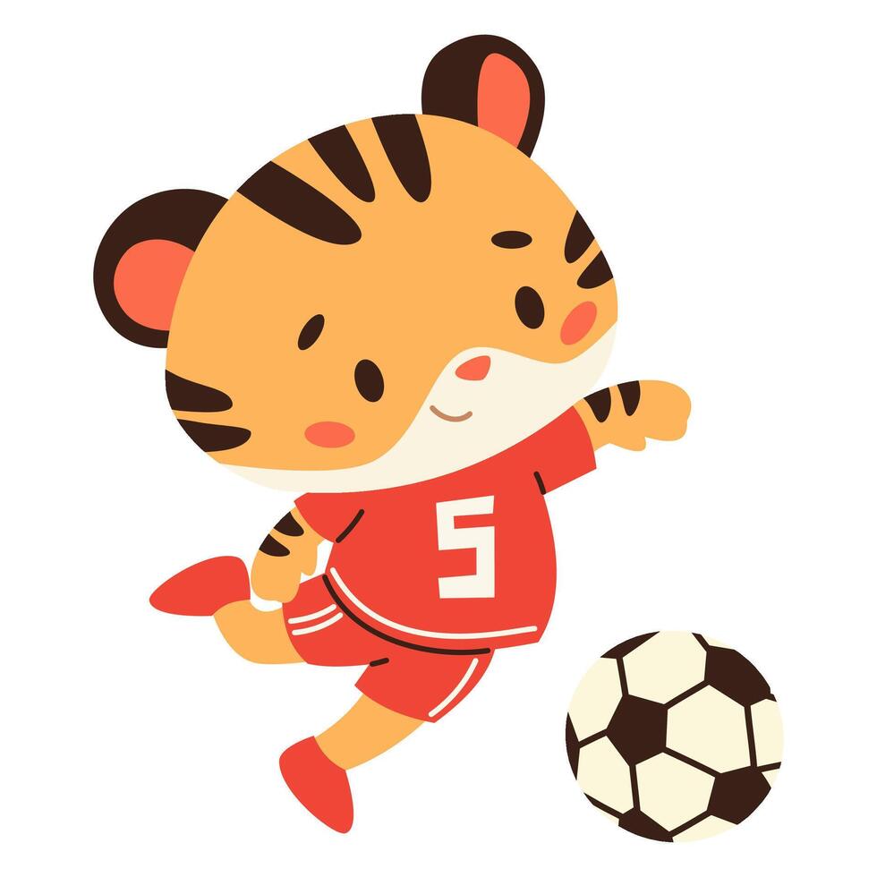 Cute illustration in children's style. Cute tiger cub playing soccer in uniform. Illustration on white background vector