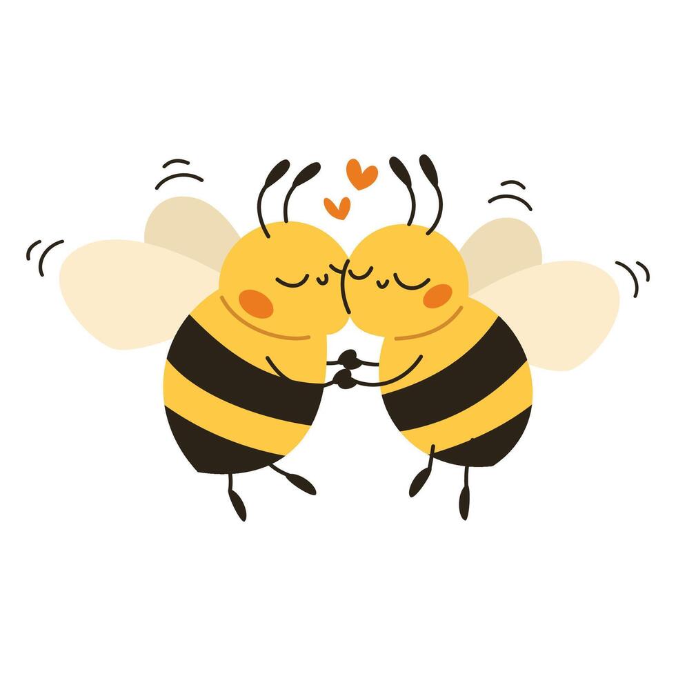 Cute flat illustration in children's style. Two cute bees holding hands and loving each other vector